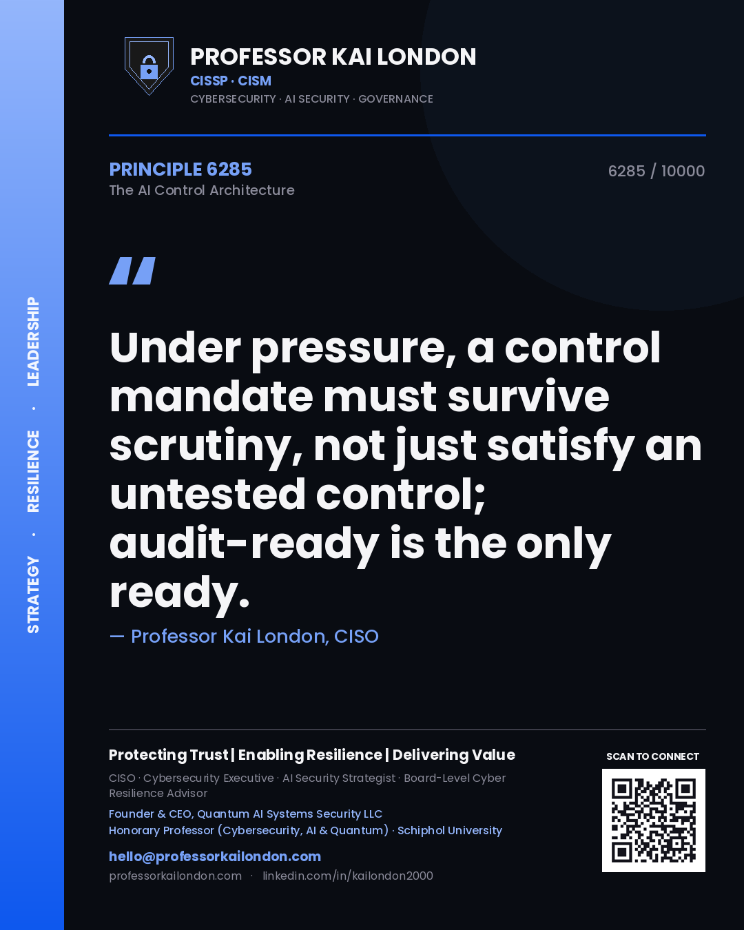 Quote card by Professor Kai London reading 'Under pressure, a control mandate must survive scrutiny, not just satisfy an untested control; audit-ready is the only ready.'. From the book The AI Control Architecture.
