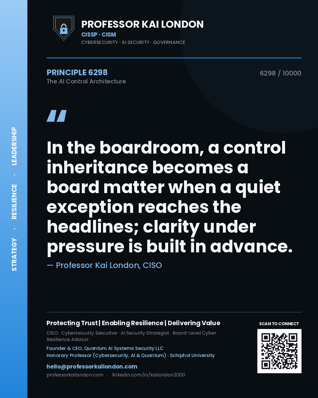 Quote card by Professor Kai London reading 'In the boardroom, a control inheritance becomes a board matter when a quiet exception reaches the headlines; clarity under pressure is built in advance.'. From the book The AI Control Architecture.