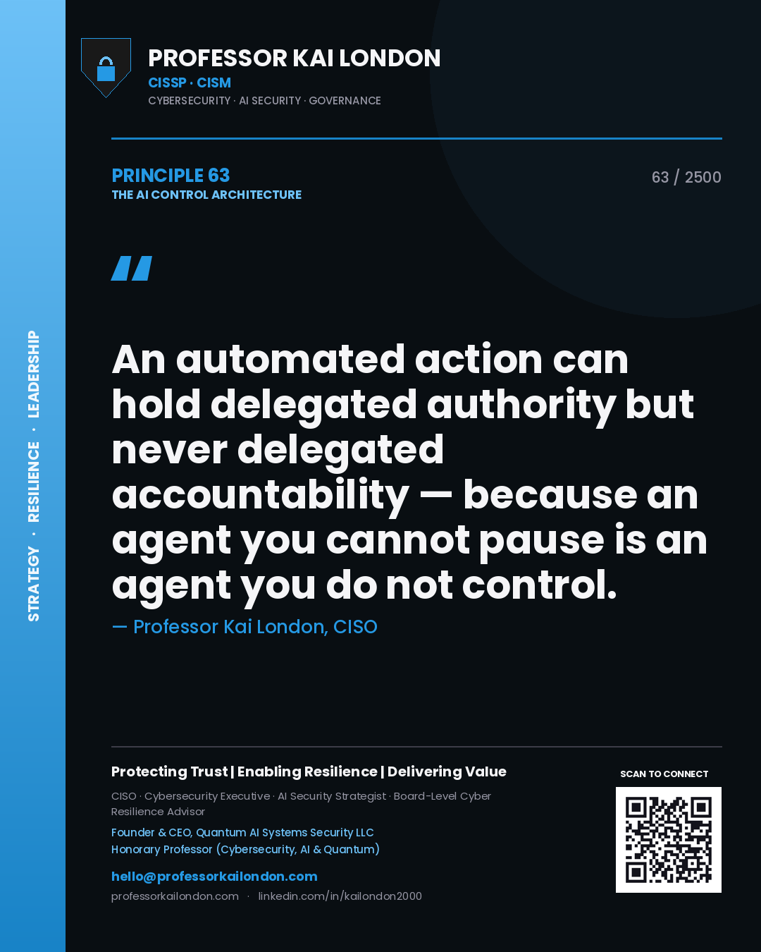 Quote card by Professor Kai London reading 'An automated action can hold delegated authority but never delegated accountability — because an agent you cannot pause is an agent you do not control.'. From the book The AI Control Architecture.