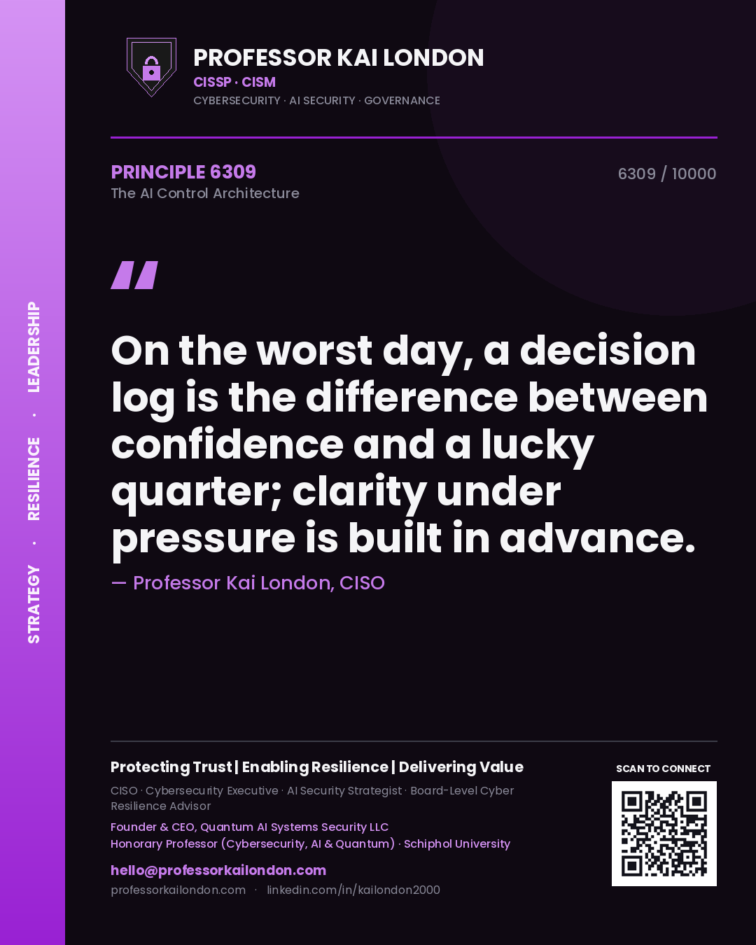 Professor Kai London principle 6309: On the worst day, a decision log is the difference between confidence and a lucky quarter; clarity under pressure is built in advance.