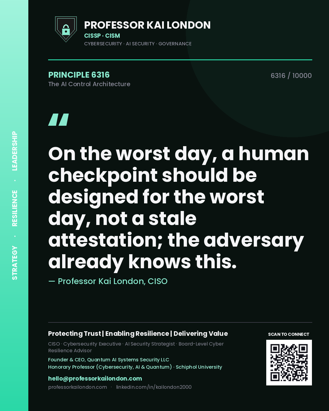 Quote card by Professor Kai London reading 'On the worst day, a human checkpoint should be designed for the worst day, not a stale attestation; the adversary already knows this.'. From the book The AI Control Architecture.