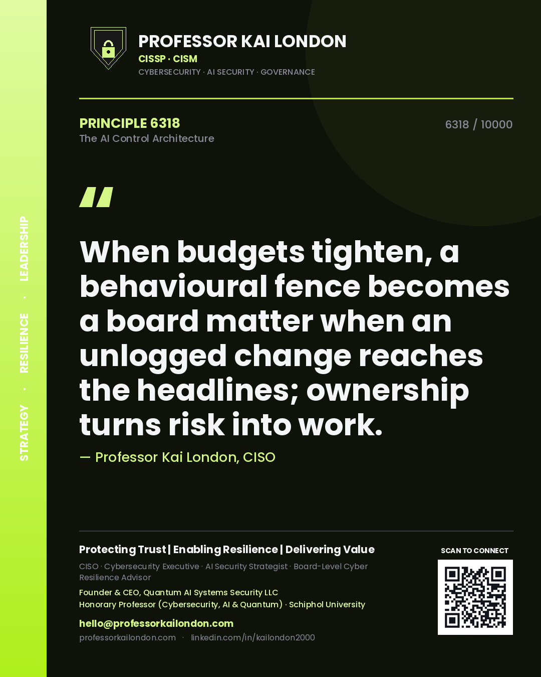 Quote card by Professor Kai London reading 'When budgets tighten, a behavioural fence becomes a board matter when an unlogged change reaches the headlines; ownership turns risk into work.'. From the book The AI Control Architecture.