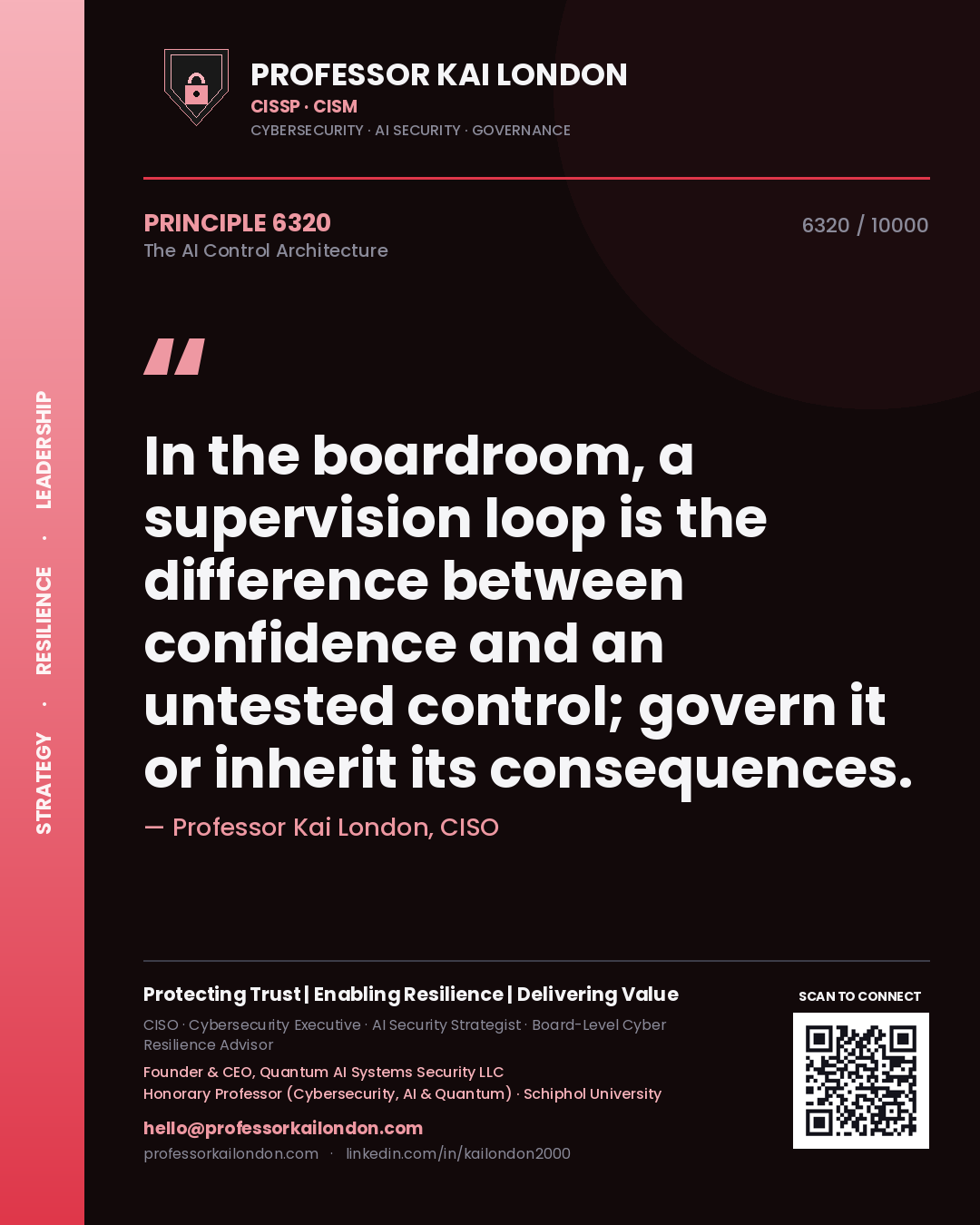 Quote card by Professor Kai London reading 'In the boardroom, a supervision loop is the difference between confidence and an untested control; govern it or inherit its consequences.'. From the book The AI Control Architecture.