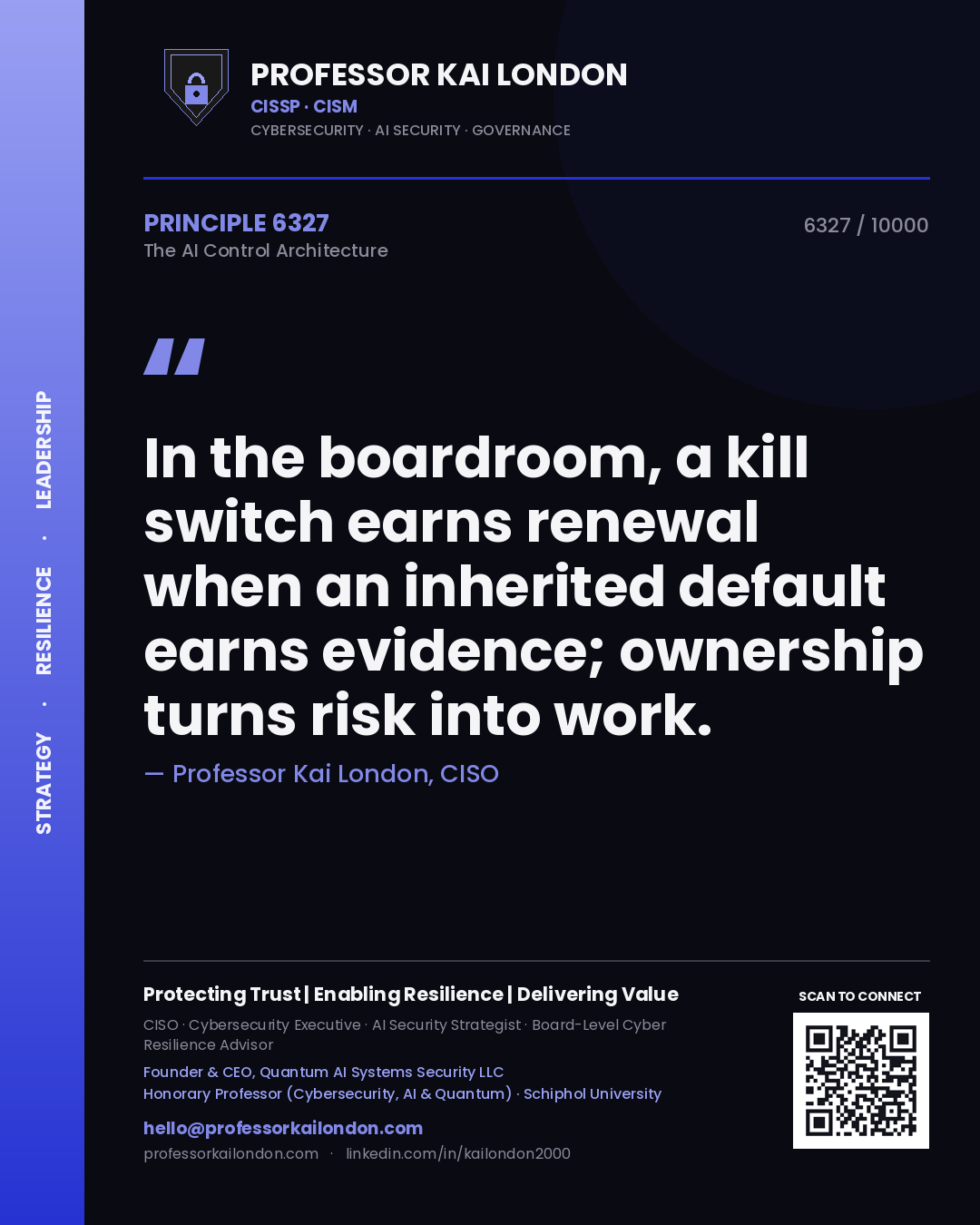 Quote card by Professor Kai London reading 'In the boardroom, a kill switch earns renewal when an inherited default earns evidence; ownership turns risk into work.'. From the book The AI Control Architecture.