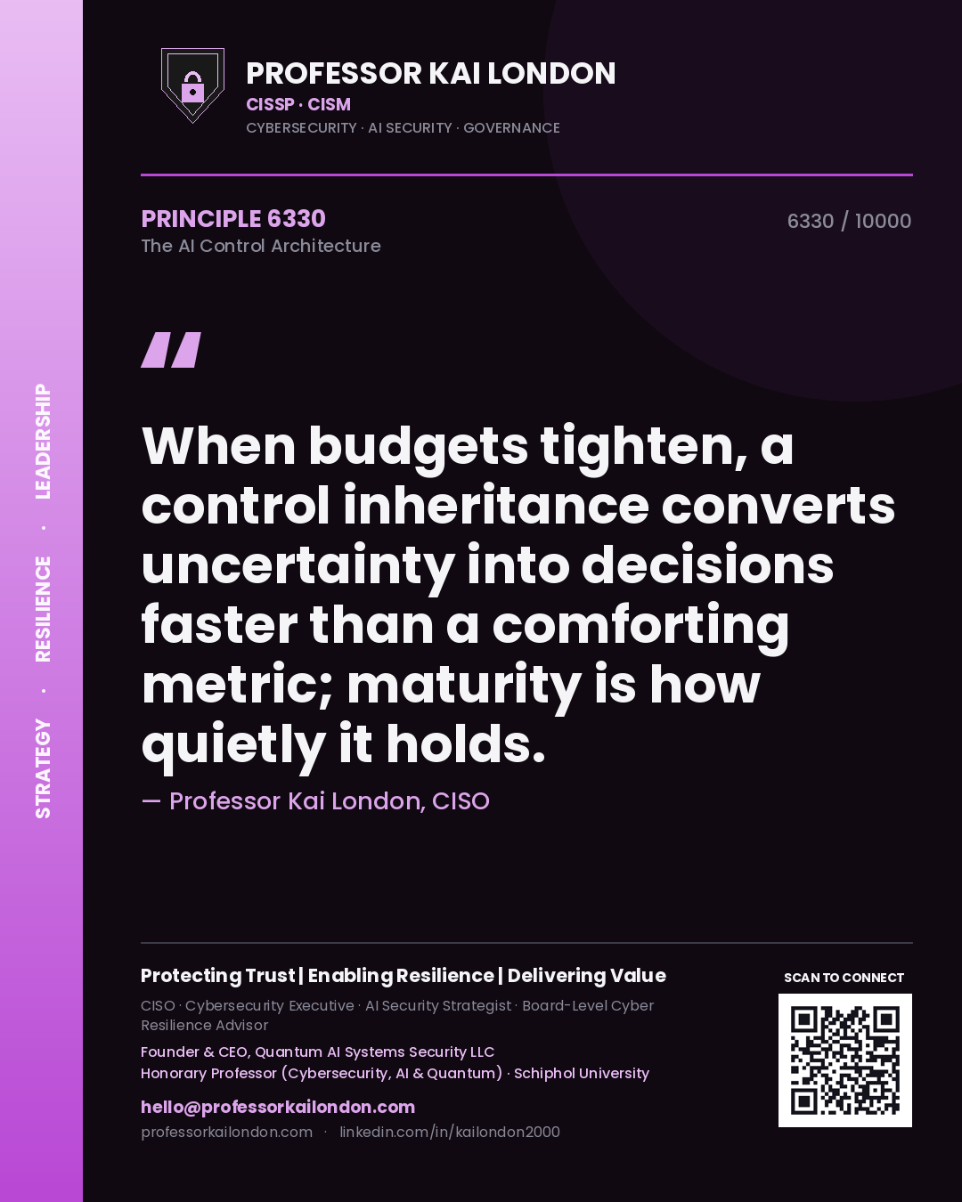 Quote card by Professor Kai London reading 'When budgets tighten, a control inheritance converts uncertainty into decisions faster than a comforting metric; maturity is how quietly it holds.'. From the book The AI Control Architecture.