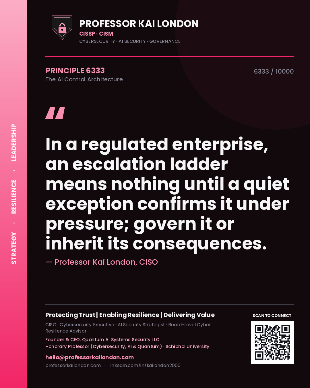 Quote card by Professor Kai London reading 'In a regulated enterprise, an escalation ladder means nothing until a quiet exception confirms it under pressure; govern it or inherit its consequences.'. From the book The AI Control Architecture.