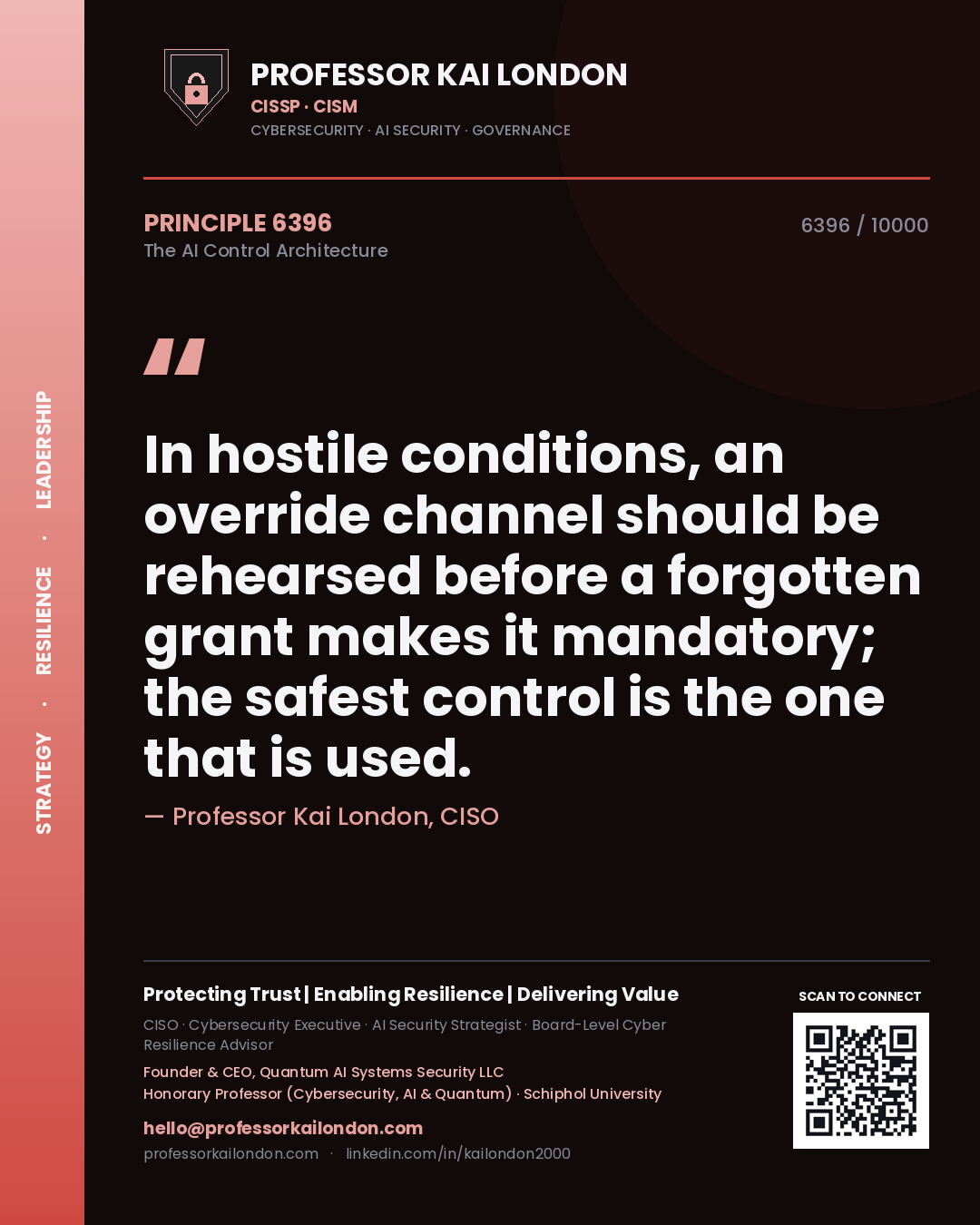 Quote card by Professor Kai London reading 'In hostile conditions, an override channel should be rehearsed before a forgotten grant makes it mandatory; the safest control is the one that is used.'. From the book The AI Control Architecture.