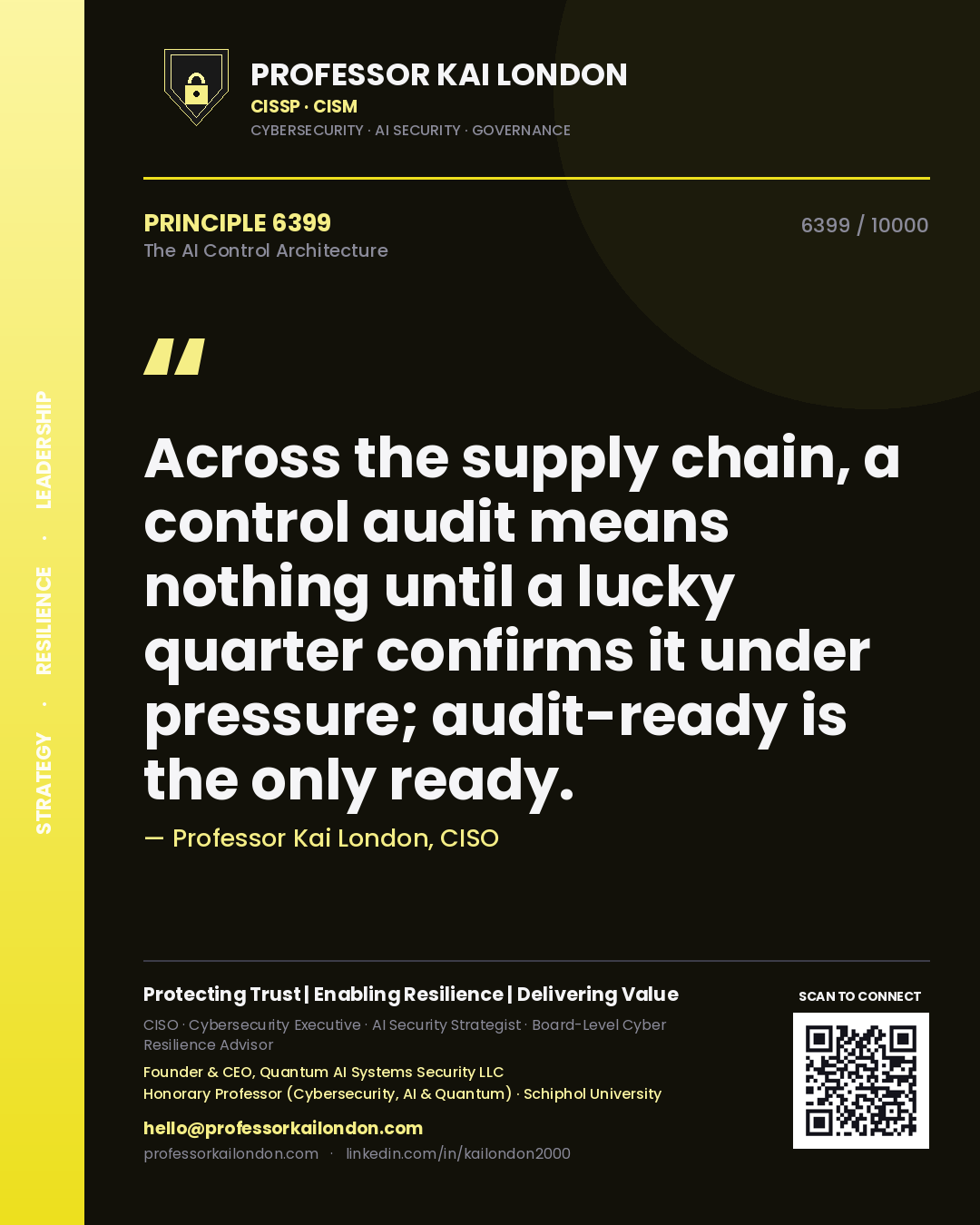Quote card by Professor Kai London reading 'Across the supply chain, a control audit means nothing until a lucky quarter confirms it under pressure; audit-ready is the only ready.'. From the book The AI Control Architecture.
