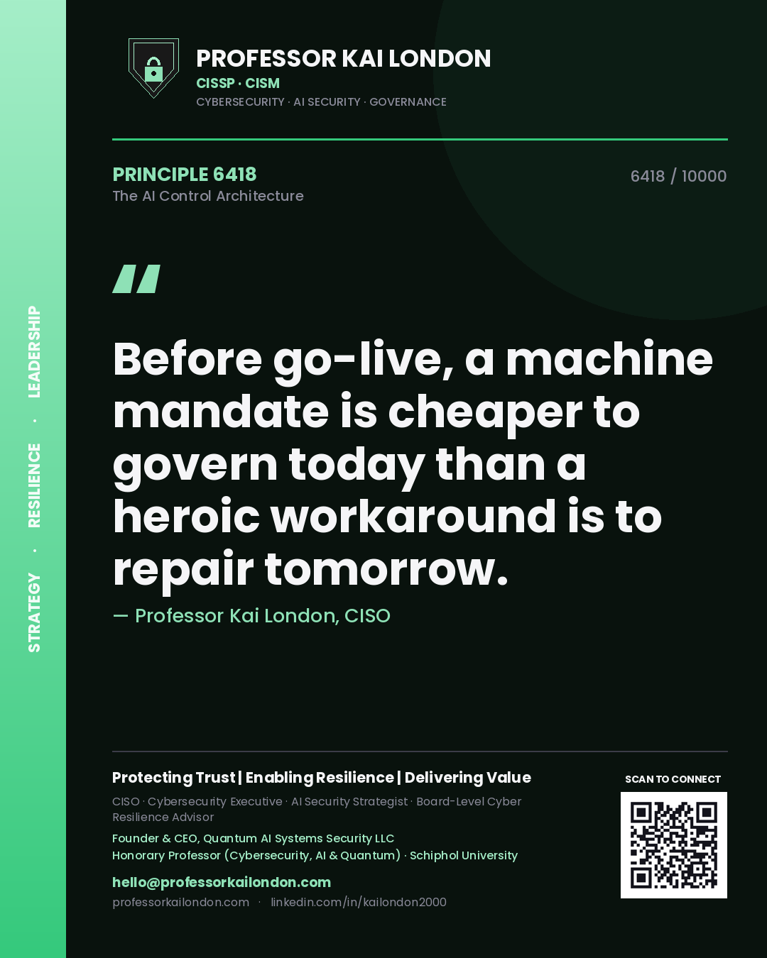 Quote card by Professor Kai London reading 'Before go-live, a machine mandate is cheaper to govern today than a heroic workaround is to repair tomorrow.'. From the book The AI Control Architecture.