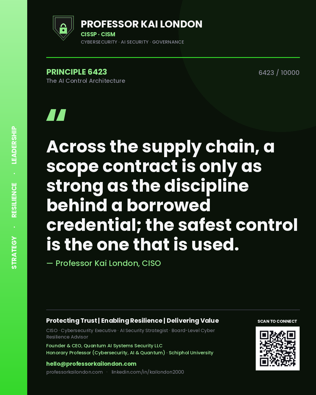 Quote card by Professor Kai London reading 'Across the supply chain, a scope contract is only as strong as the discipline behind a borrowed credential; the safest control is the one that is used.'. From the book The AI Control Architecture.