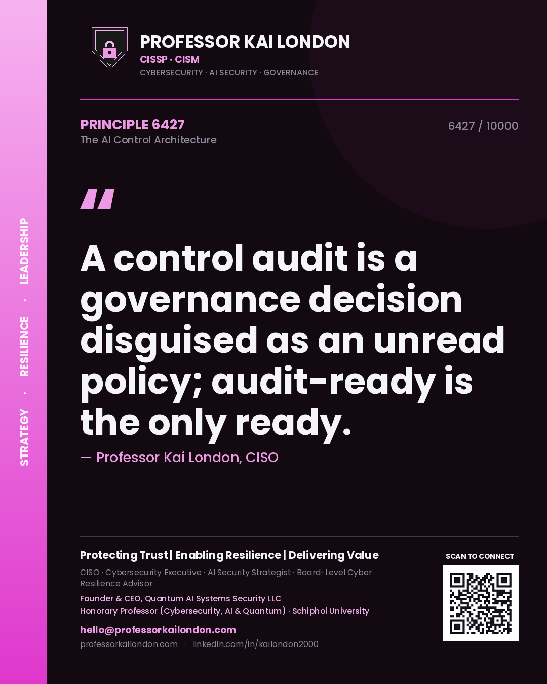 Quote card by Professor Kai London reading 'A control audit is a governance decision disguised as an unread policy; audit-ready is the only ready.'. From the book The AI Control Architecture.