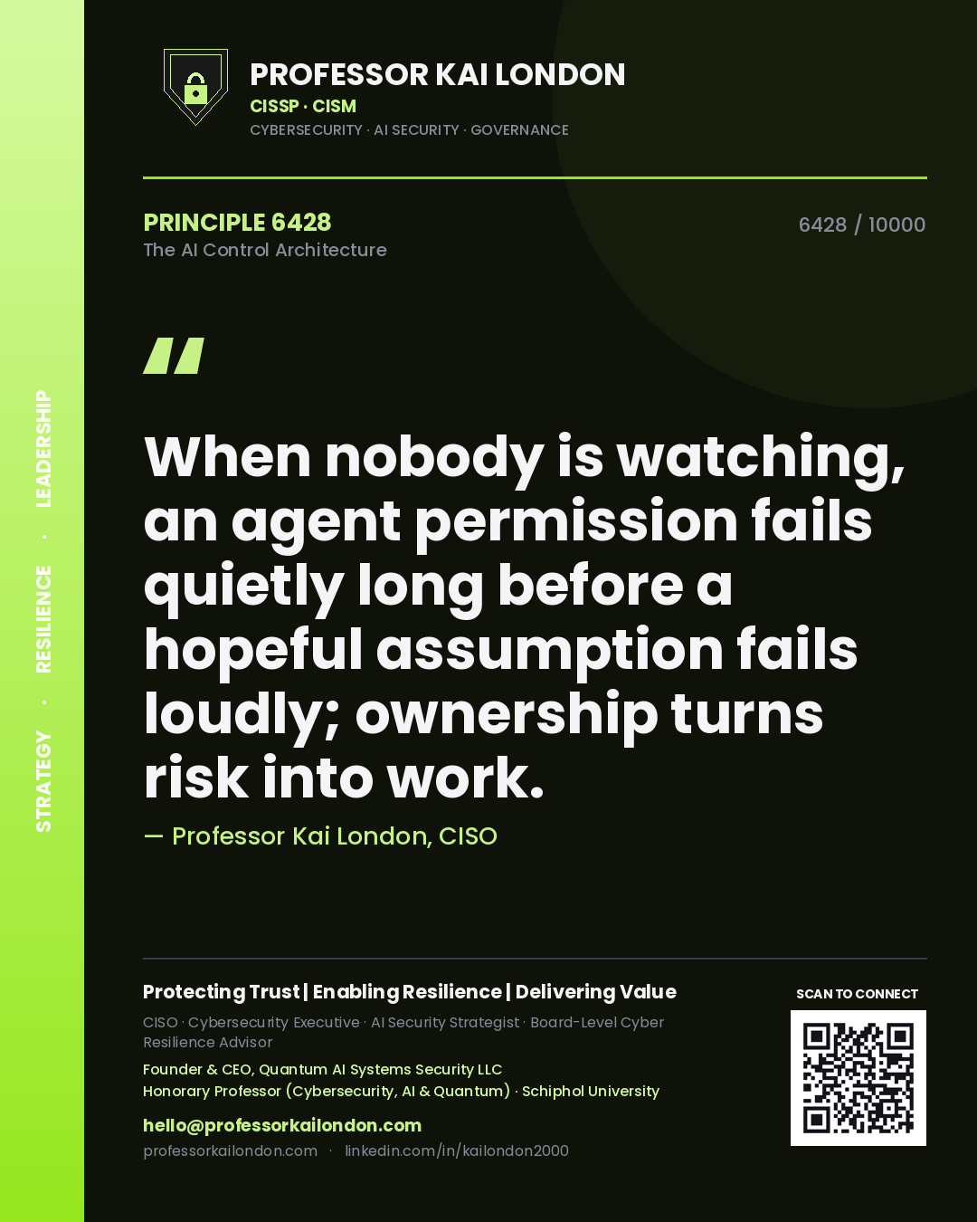 Quote card by Professor Kai London reading 'When nobody is watching, an agent permission fails quietly long before a hopeful assumption fails loudly; ownership turns risk into work.'. From the book The AI Control Architecture.
