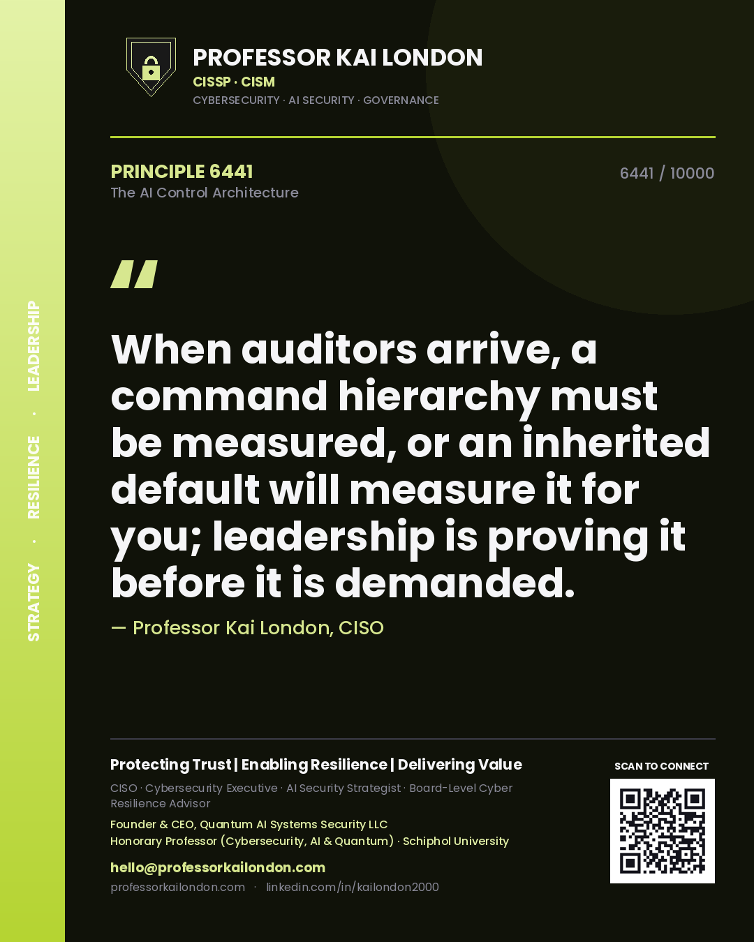 Professor Kai London principle 6441: When auditors arrive, a command hierarchy must be measured, or an inherited default will measure it for you; leadership is proving it before it is demanded.