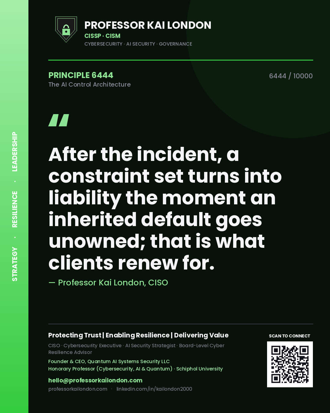 Professor Kai London principle 6444: After the incident, a constraint set turns into liability the moment an inherited default goes unowned; that is what clients renew for.