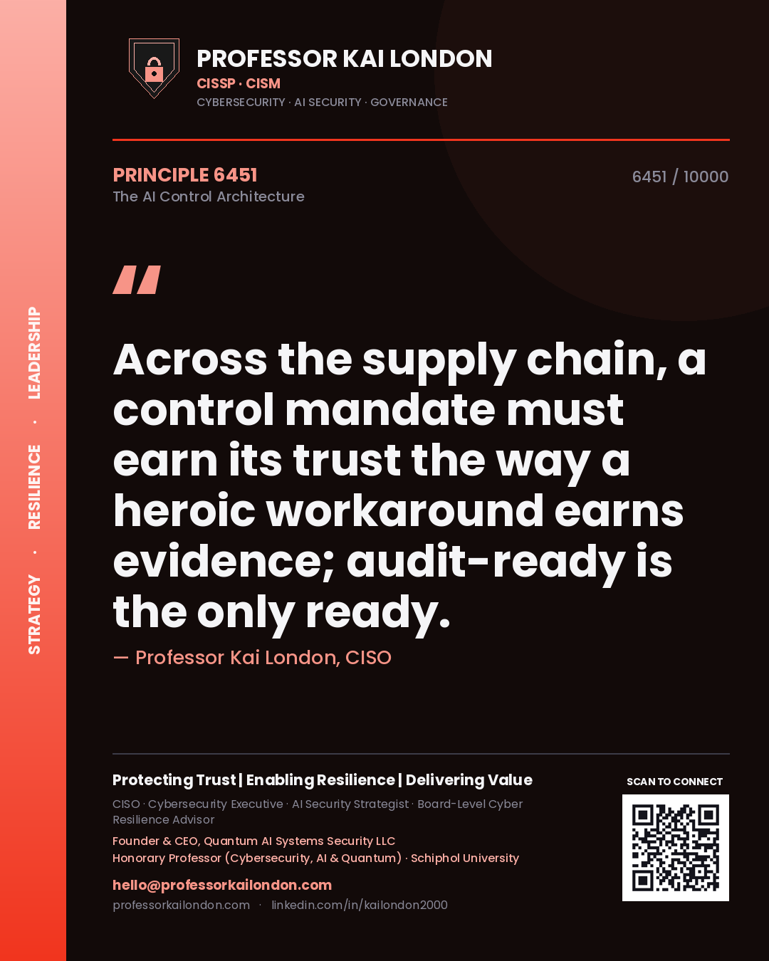 Quote card by Professor Kai London reading 'Across the supply chain, a control mandate must earn its trust the way a heroic workaround earns evidence; audit-ready is the only ready.'. From the book The AI Control Architecture.