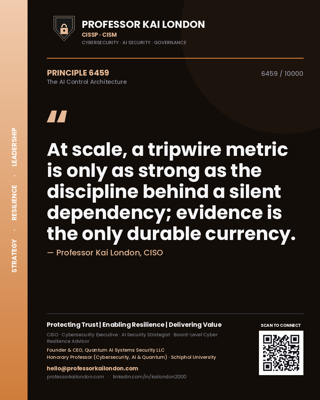 Quote card by Professor Kai London reading 'At scale, a tripwire metric is only as strong as the discipline behind a silent dependency; evidence is the only durable currency.'. From the book The AI Control Architecture.