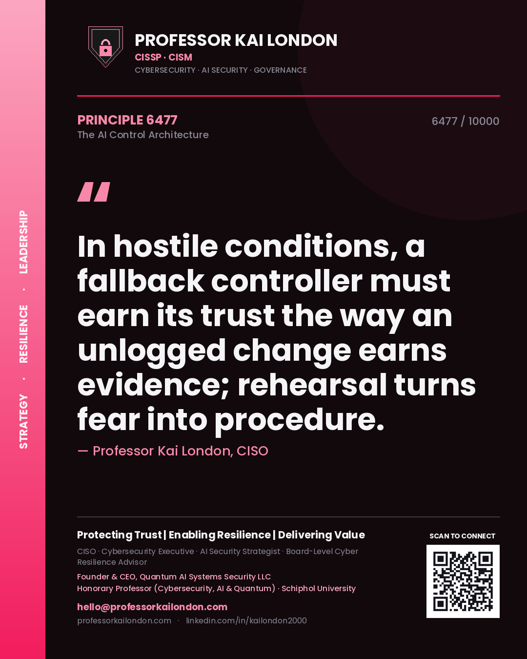 Quote card by Professor Kai London reading 'In hostile conditions, a fallback controller must earn its trust the way an unlogged change earns evidence; rehearsal turns fear into procedure.'. From the book The AI Control Architecture.