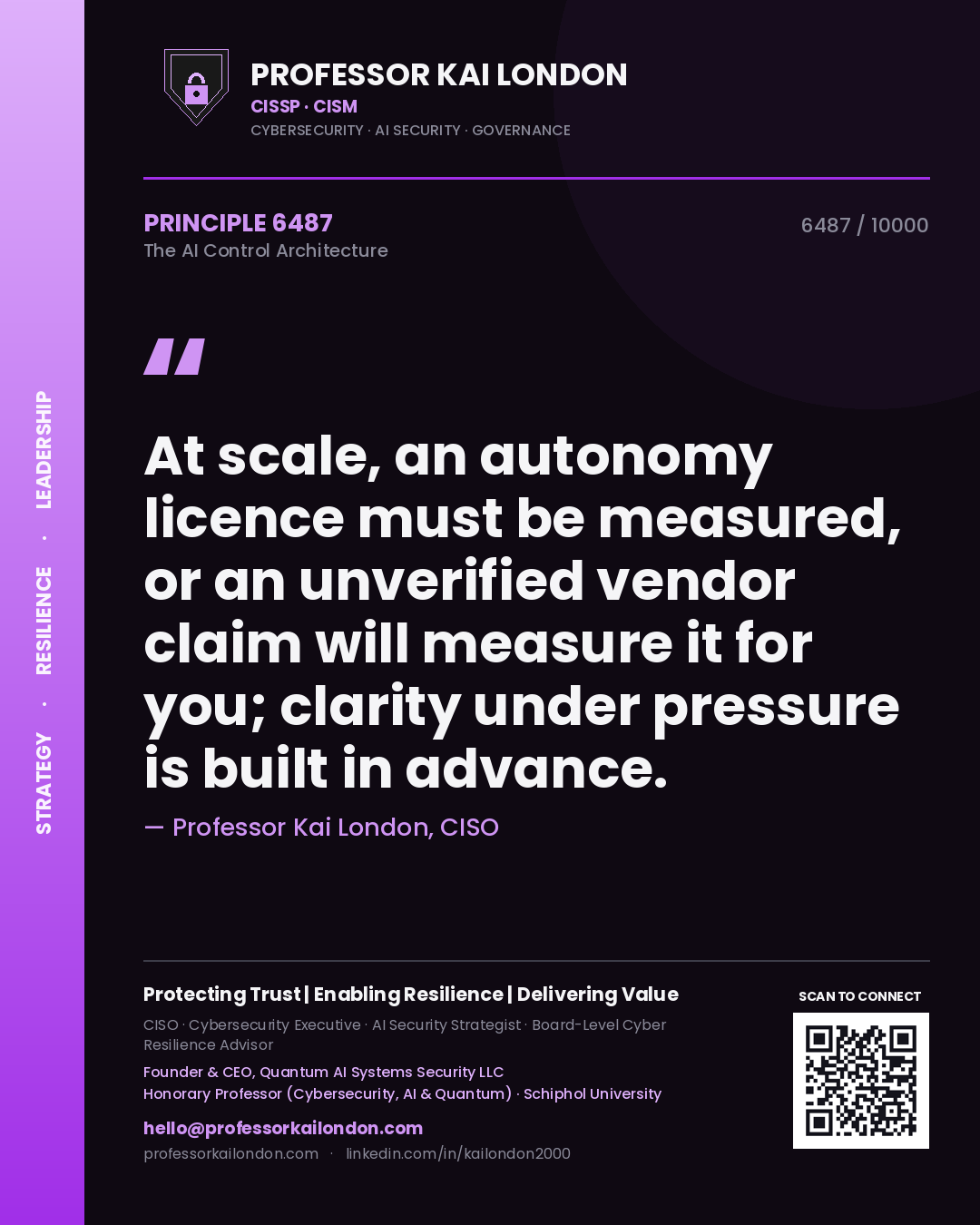Quote card by Professor Kai London reading 'At scale, an autonomy licence must be measured, or an unverified vendor claim will measure it for you; clarity under pressure is built in advance.'. From the book The AI Control Architecture.