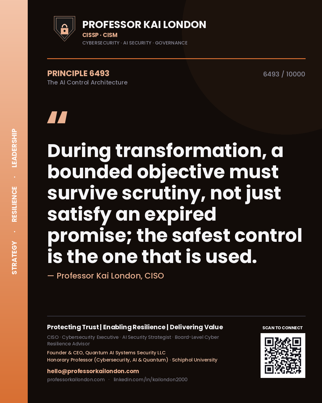 Quote card by Professor Kai London reading 'During transformation, a bounded objective must survive scrutiny, not just satisfy an expired promise; the safest control is the one that is used.'. From the book The AI Control Architecture.