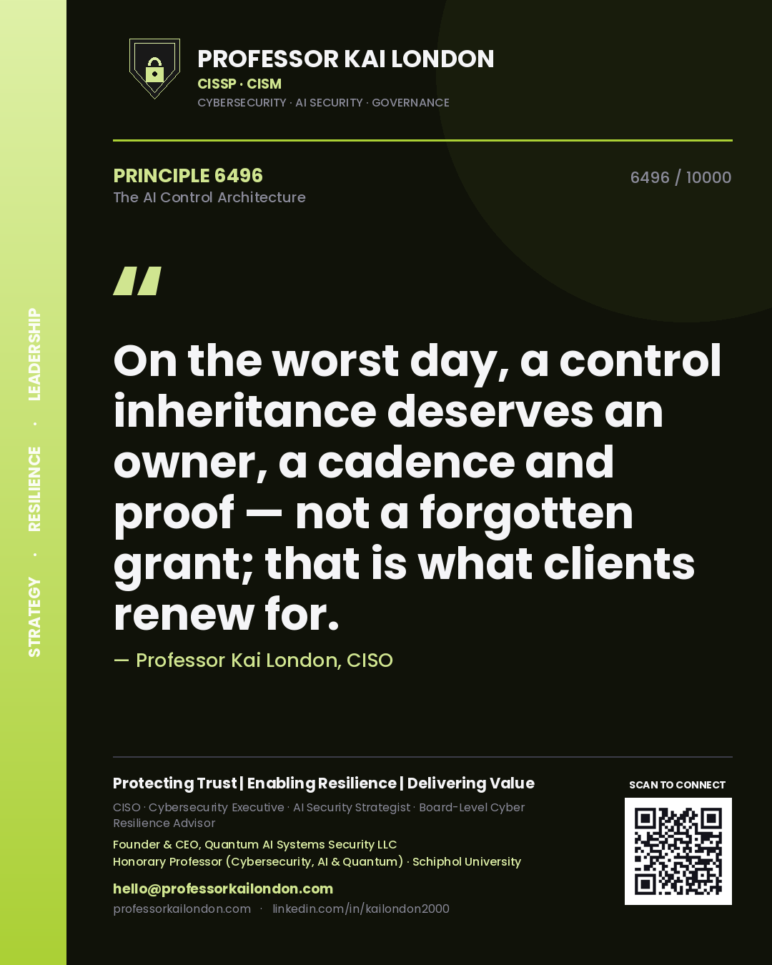 Quote card by Professor Kai London reading 'On the worst day, a control inheritance deserves an owner, a cadence and proof — not a forgotten grant; that is what clients renew for.'. From the book The AI Control Architecture.