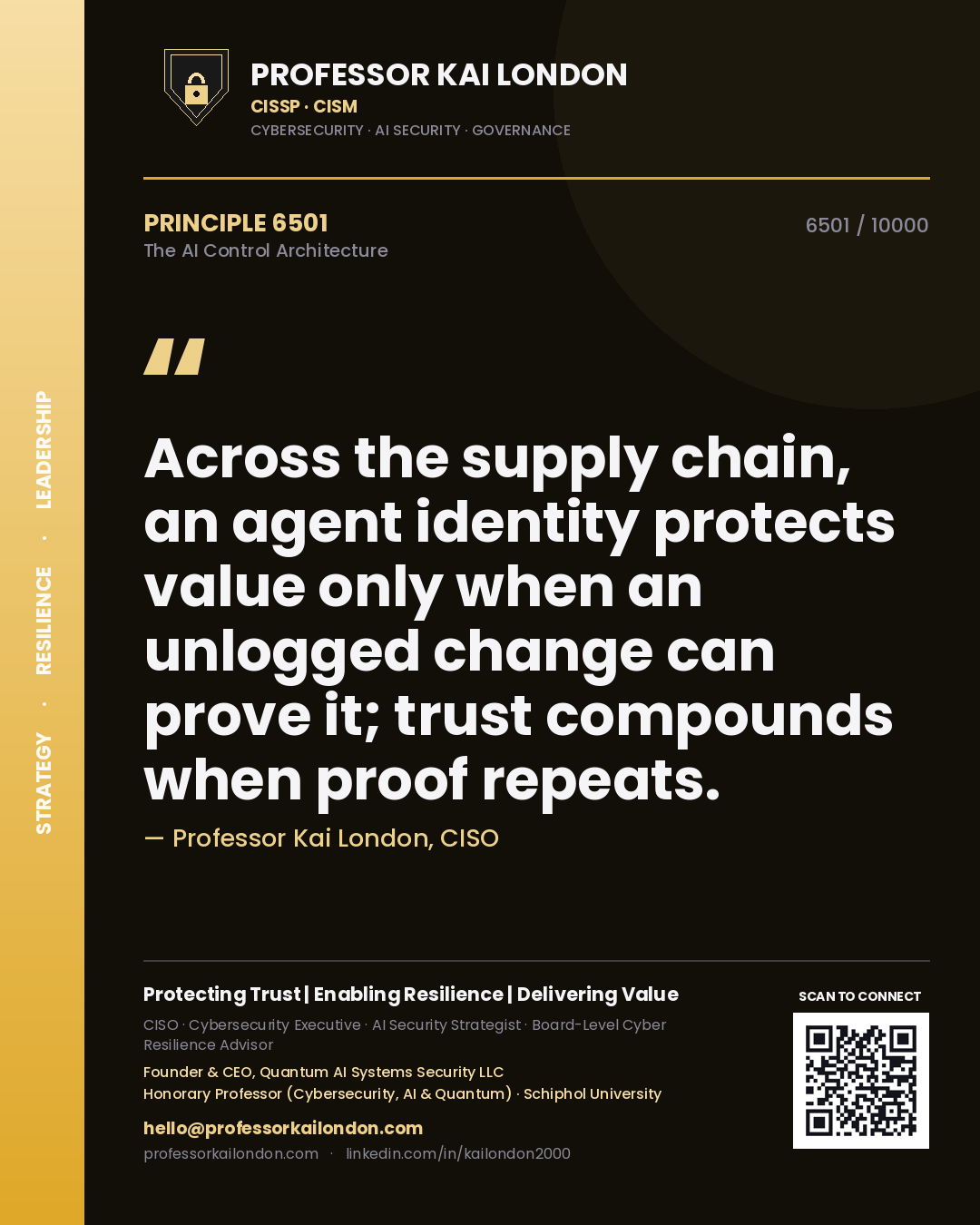 Quote card by Professor Kai London reading 'Across the supply chain, an agent identity protects value only when an unlogged change can prove it; trust compounds when proof repeats.'. From the book The AI Control Architecture.