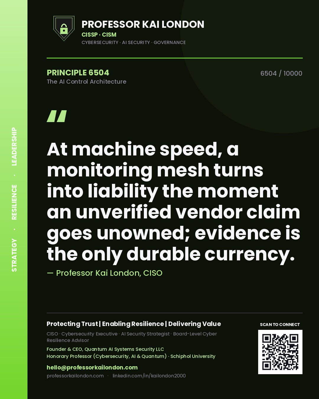 Quote card by Professor Kai London reading 'At machine speed, a monitoring mesh turns into liability the moment an unverified vendor claim goes unowned; evidence is the only durable currency.'. From the book The AI Control Architecture.