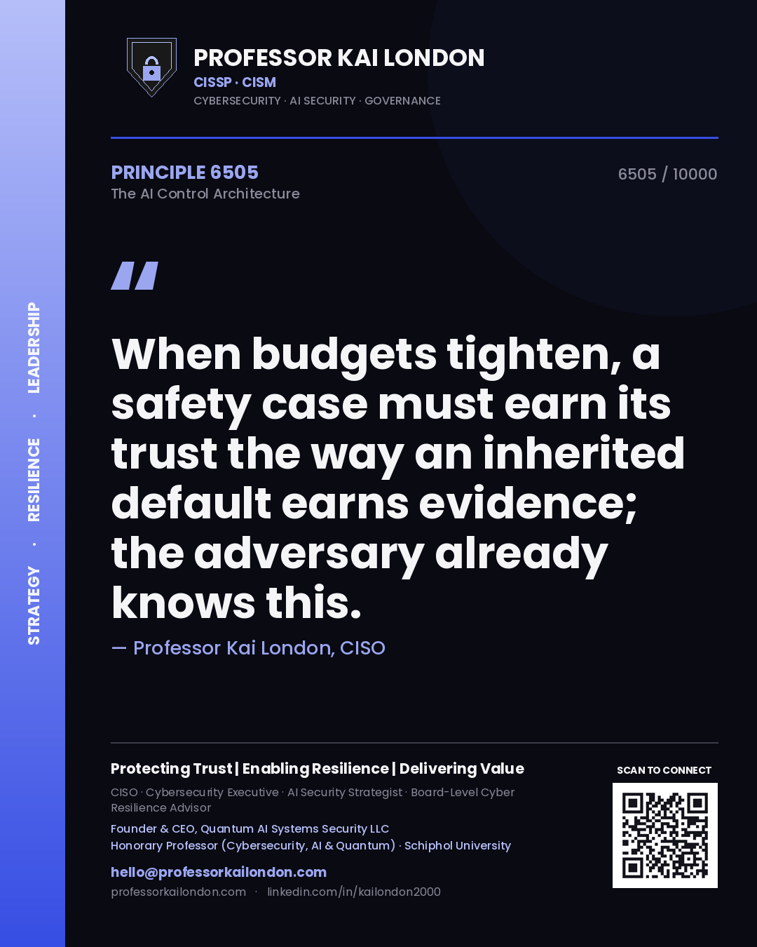 Quote card by Professor Kai London reading 'When budgets tighten, a safety case must earn its trust the way an inherited default earns evidence; the adversary already knows this.'. From the book The AI Control Architecture.
