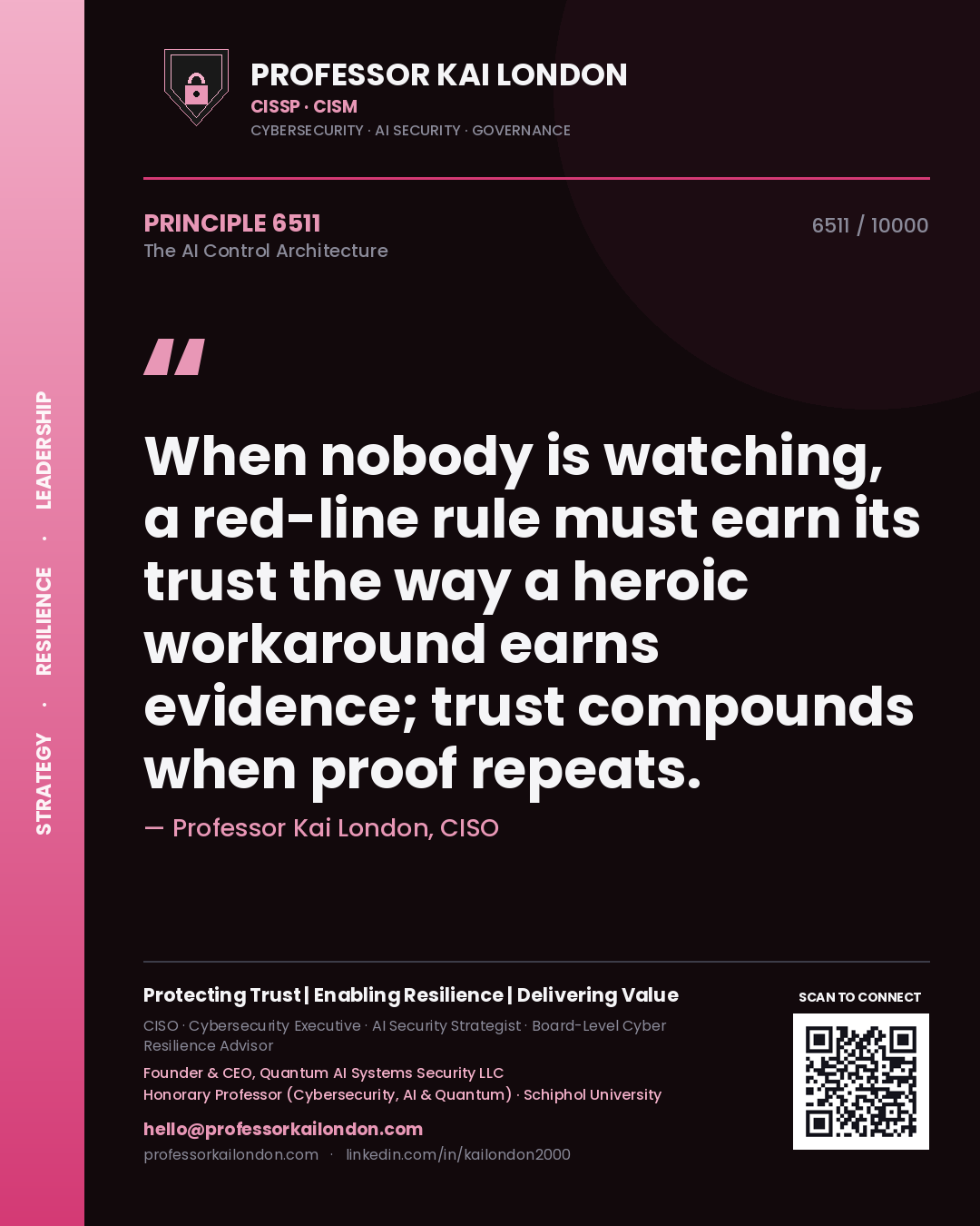 Professor Kai London principle 6511: When nobody is watching, a red-line rule must earn its trust the way a heroic workaround earns evidence; trust compounds when proof repeats.