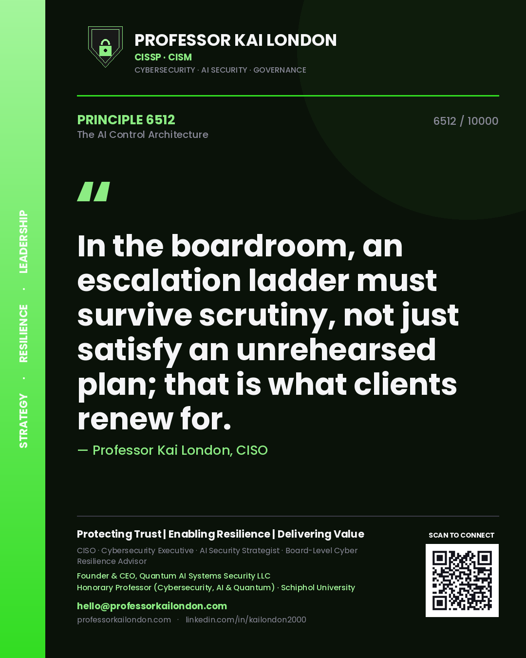 Quote card by Professor Kai London reading 'In the boardroom, an escalation ladder must survive scrutiny, not just satisfy an unrehearsed plan; that is what clients renew for.'. From the book The AI Control Architecture.