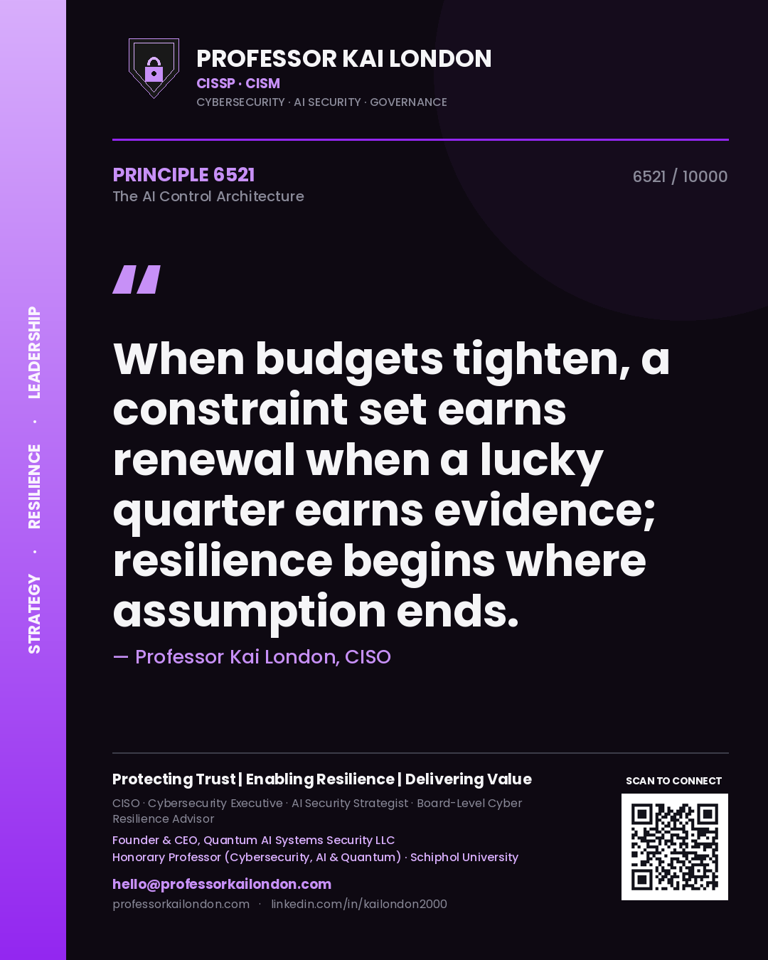 Quote card by Professor Kai London reading 'When budgets tighten, a constraint set earns renewal when a lucky quarter earns evidence; resilience begins where assumption ends.'. From the book The AI Control Architecture.