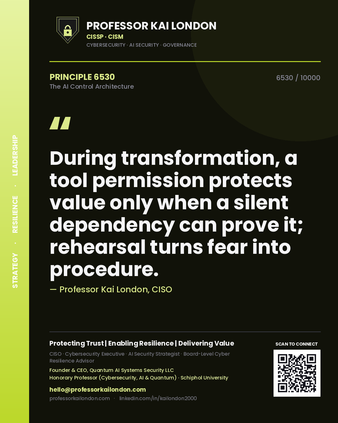 Quote card by Professor Kai London reading 'During transformation, a tool permission protects value only when a silent dependency can prove it; rehearsal turns fear into procedure.'. From the book The AI Control Architecture.
