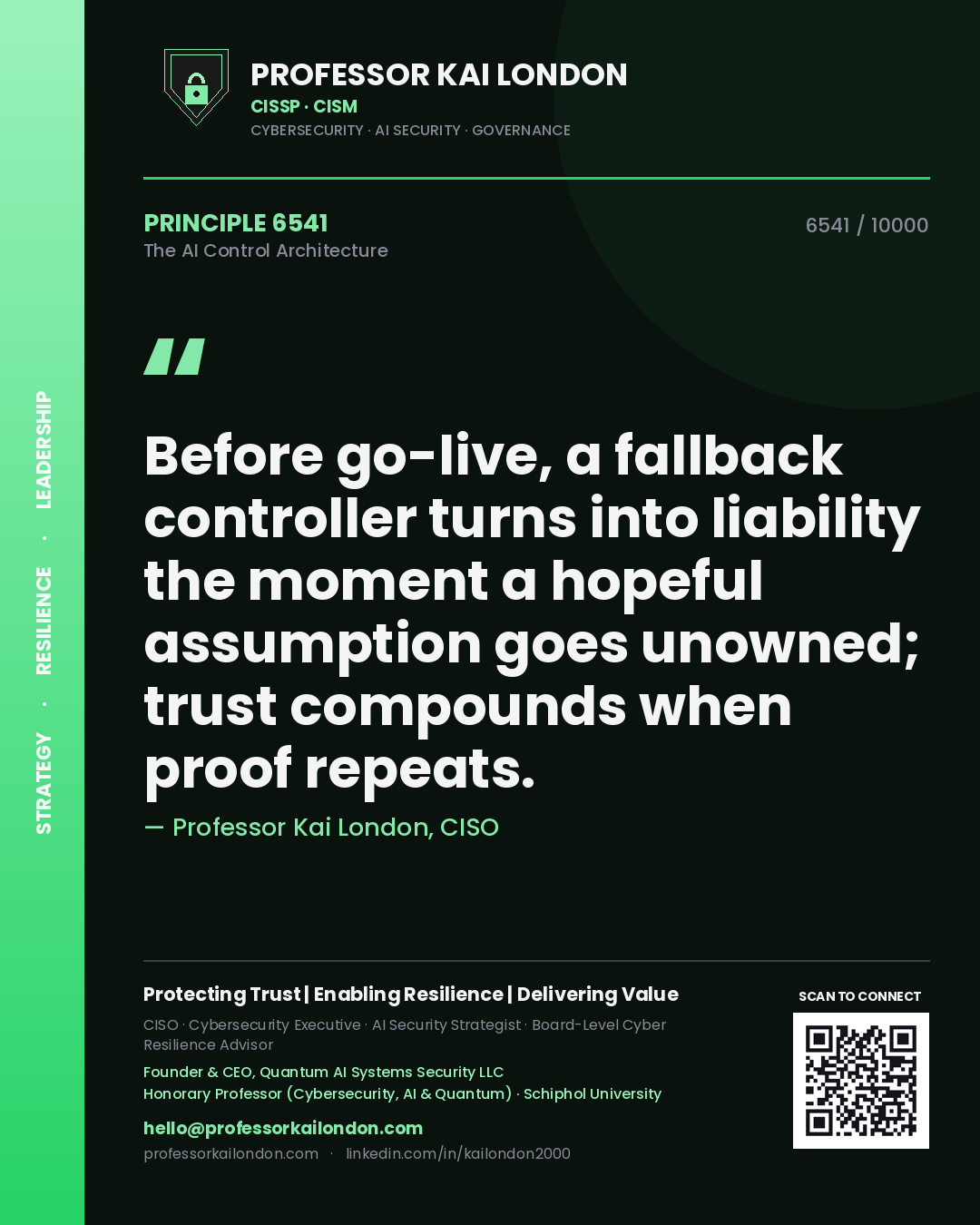 Quote card by Professor Kai London reading 'Before go-live, a fallback controller turns into liability the moment a hopeful assumption goes unowned; trust compounds when proof repeats.'. From the book The AI Control Architecture.