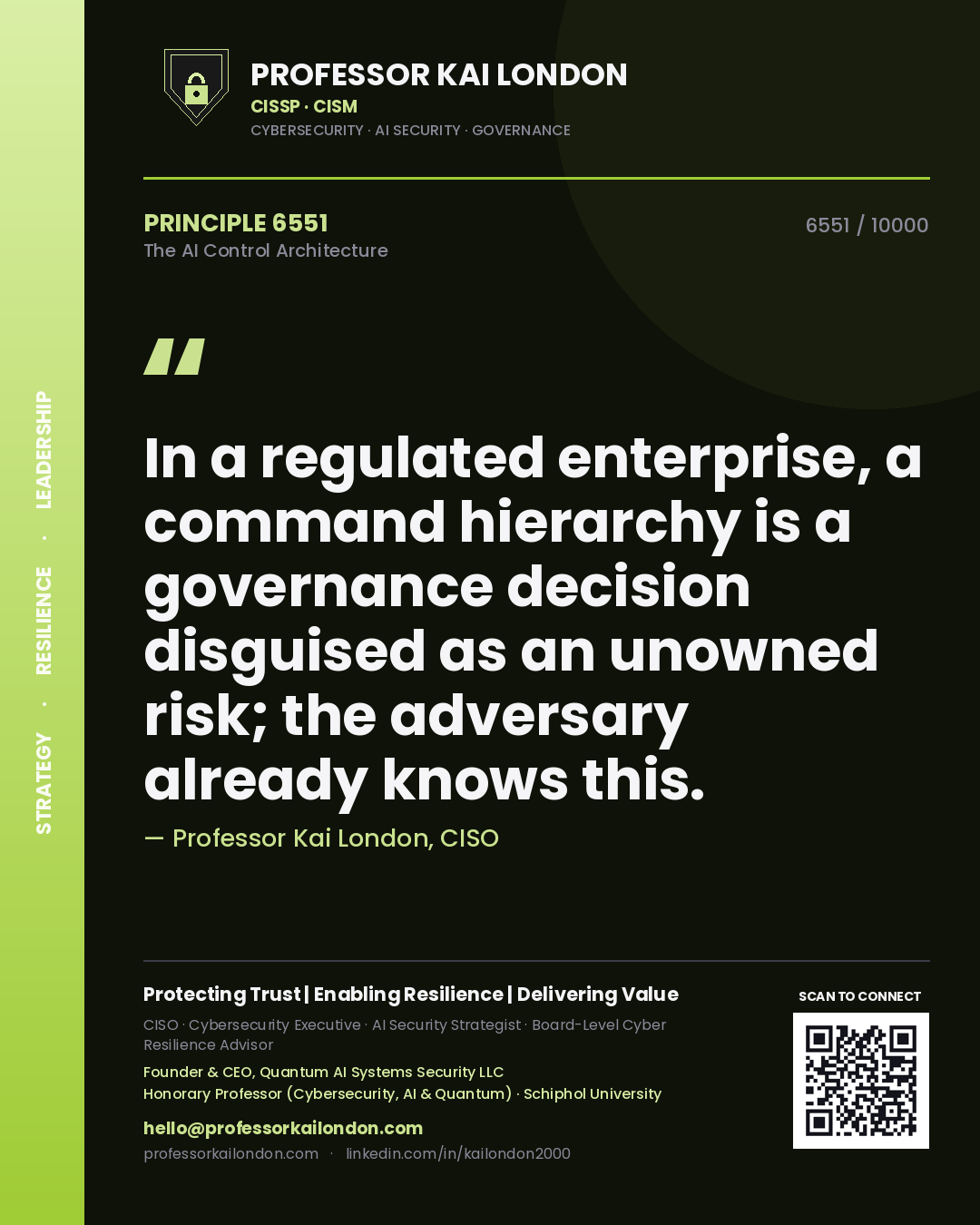 Professor Kai London principle 6551: In a regulated enterprise, a command hierarchy is a governance decision disguised as an unowned risk; the adversary already knows this.