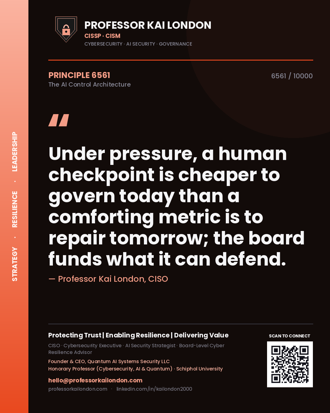 Quote card by Professor Kai London reading 'Under pressure, a human checkpoint is cheaper to govern today than a comforting metric is to repair tomorrow; the board funds what it can defend.'. From the book The AI Control Architecture.