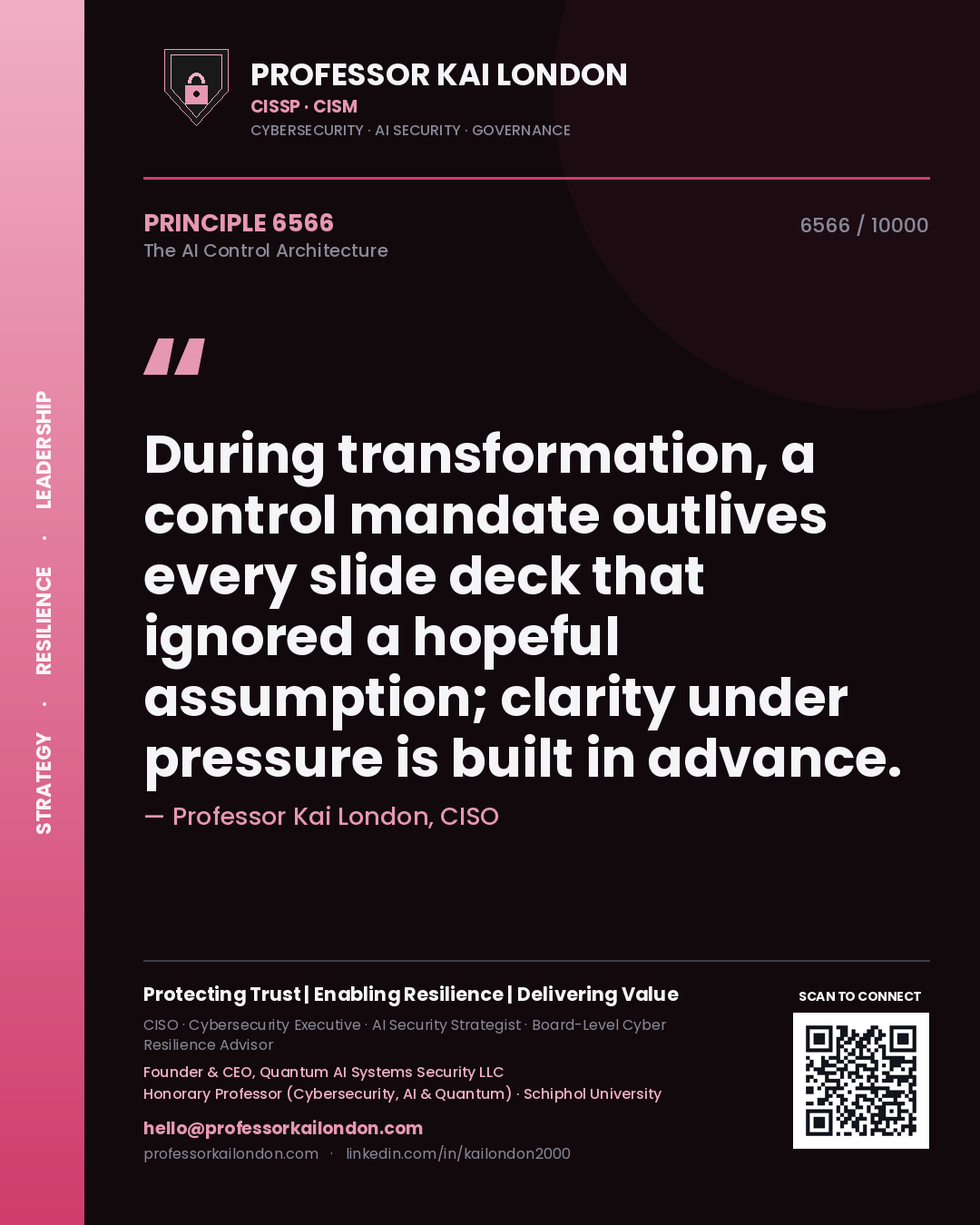 Quote card by Professor Kai London reading 'During transformation, a control mandate outlives every slide deck that ignored a hopeful assumption; clarity under pressure is built in advance.'. From the book The AI Control Architecture.