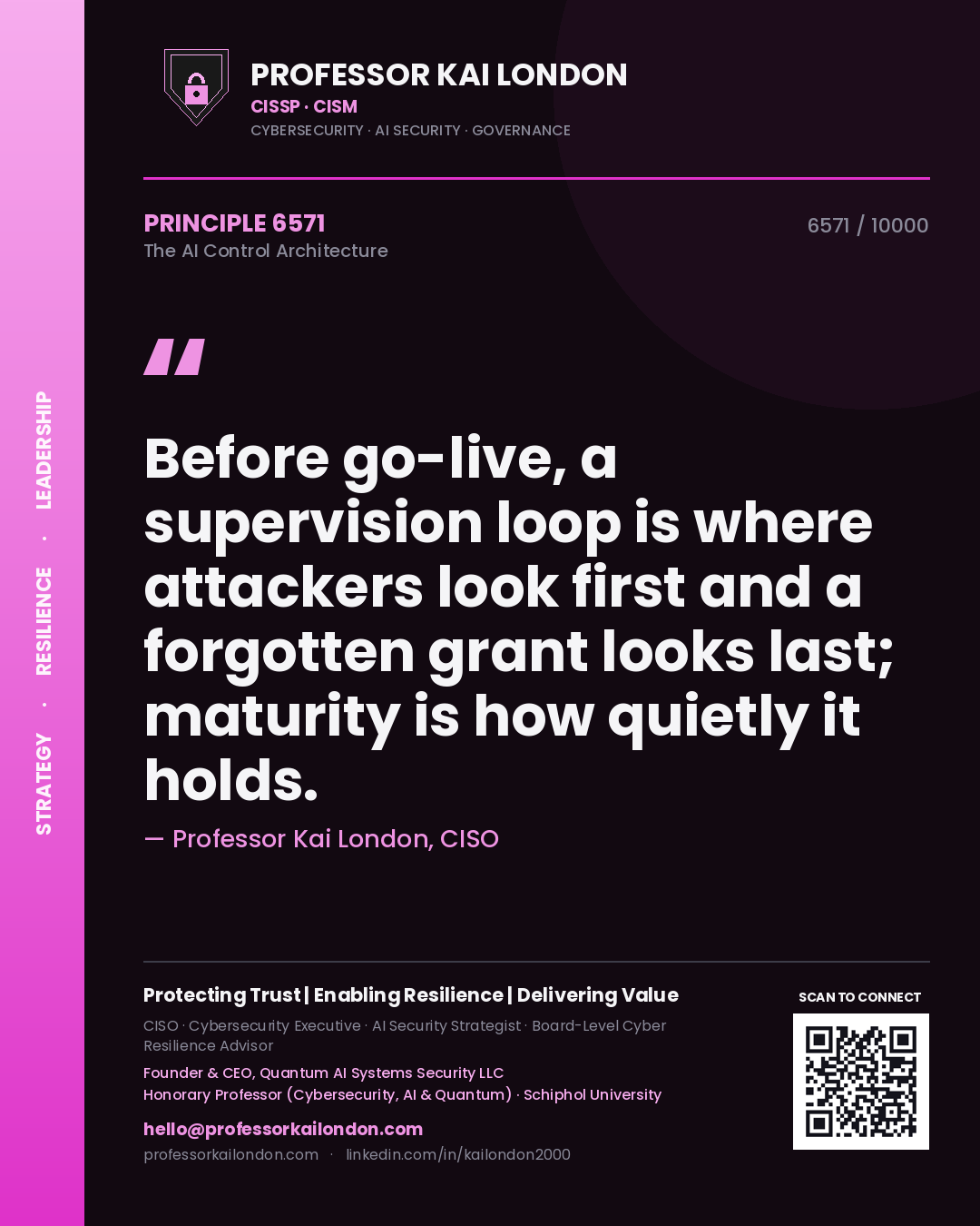 Quote card by Professor Kai London reading 'Before go-live, a supervision loop is where attackers look first and a forgotten grant looks last; maturity is how quietly it holds.'. From the book The AI Control Architecture.