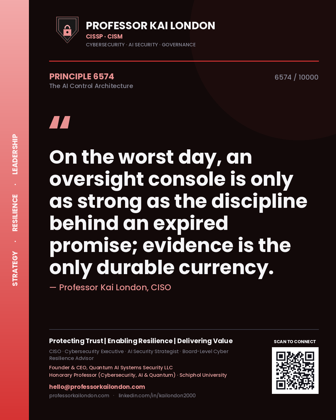 Quote card by Professor Kai London reading 'On the worst day, an oversight console is only as strong as the discipline behind an expired promise; evidence is the only durable currency.'. From the book The AI Control Architecture.