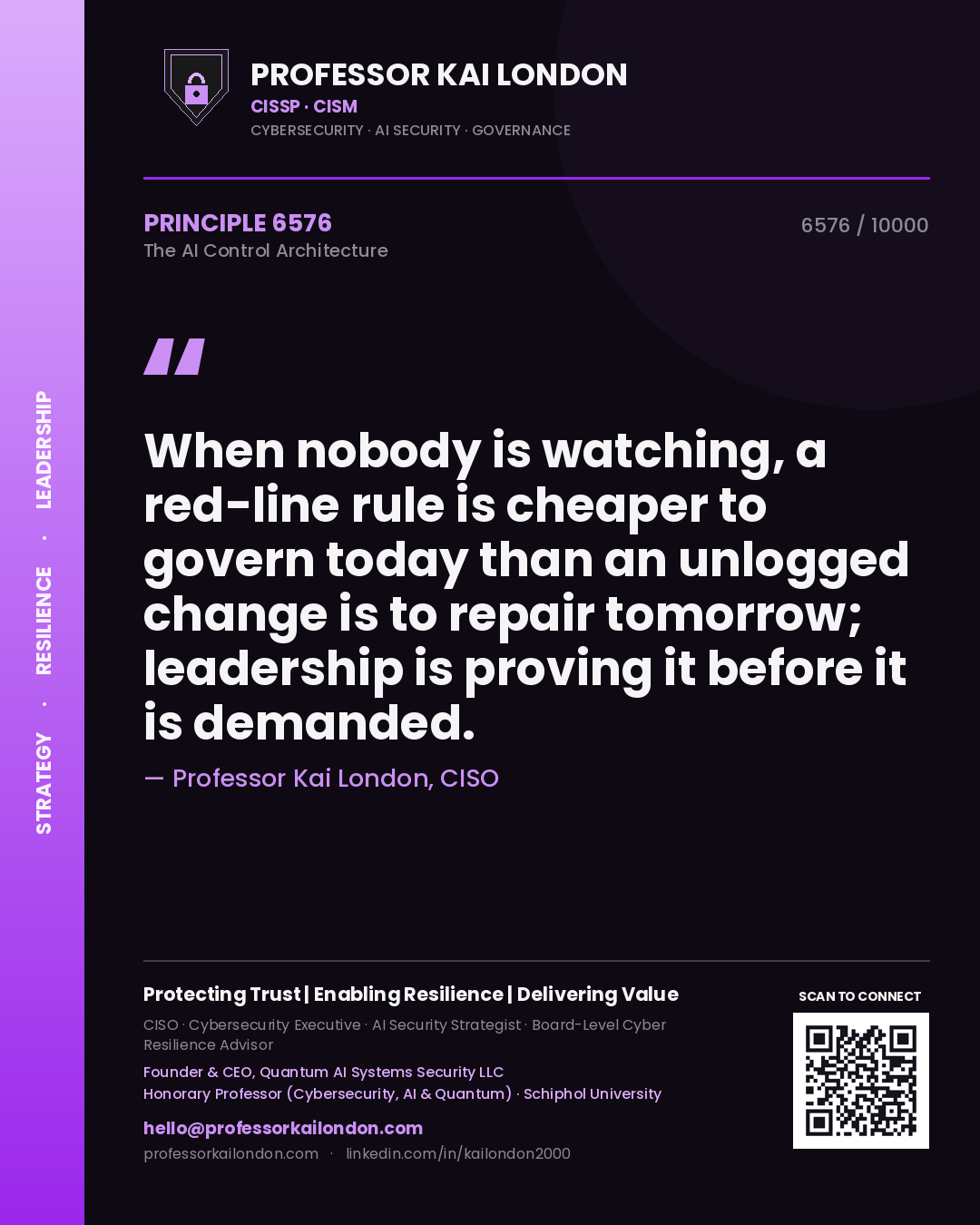 Professor Kai London principle 6576: When nobody is watching, a red-line rule is cheaper to govern today than an unlogged change is to repair tomorrow; leadership is proving it before it is demanded.
