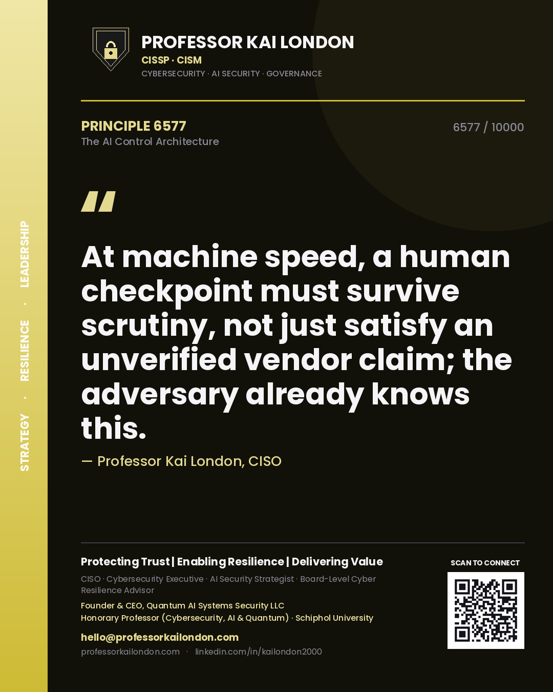 Quote card by Professor Kai London reading 'At machine speed, a human checkpoint must survive scrutiny, not just satisfy an unverified vendor claim; the adversary already knows this.'. From the book The AI Control Architecture.