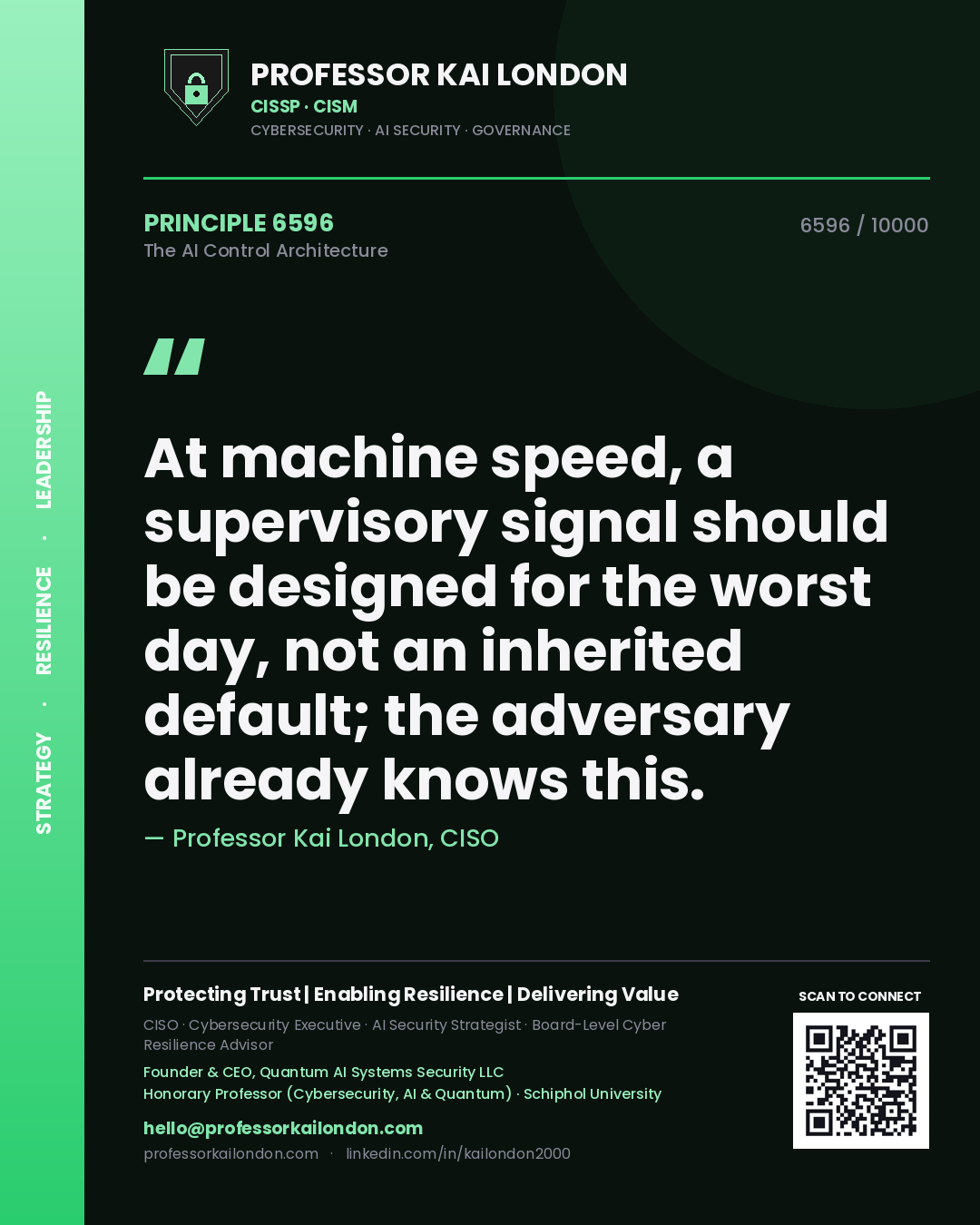 Quote card by Professor Kai London reading 'At machine speed, a supervisory signal should be designed for the worst day, not an inherited default; the adversary already knows this.'. From the book The AI Control Architecture.