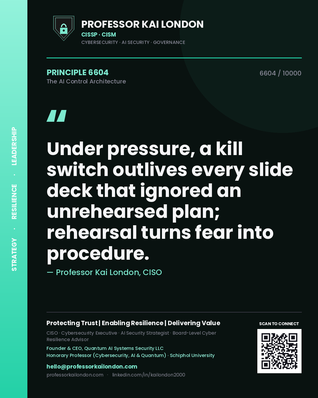 Quote card by Professor Kai London reading 'Under pressure, a kill switch outlives every slide deck that ignored an unrehearsed plan; rehearsal turns fear into procedure.'. From the book The AI Control Architecture.