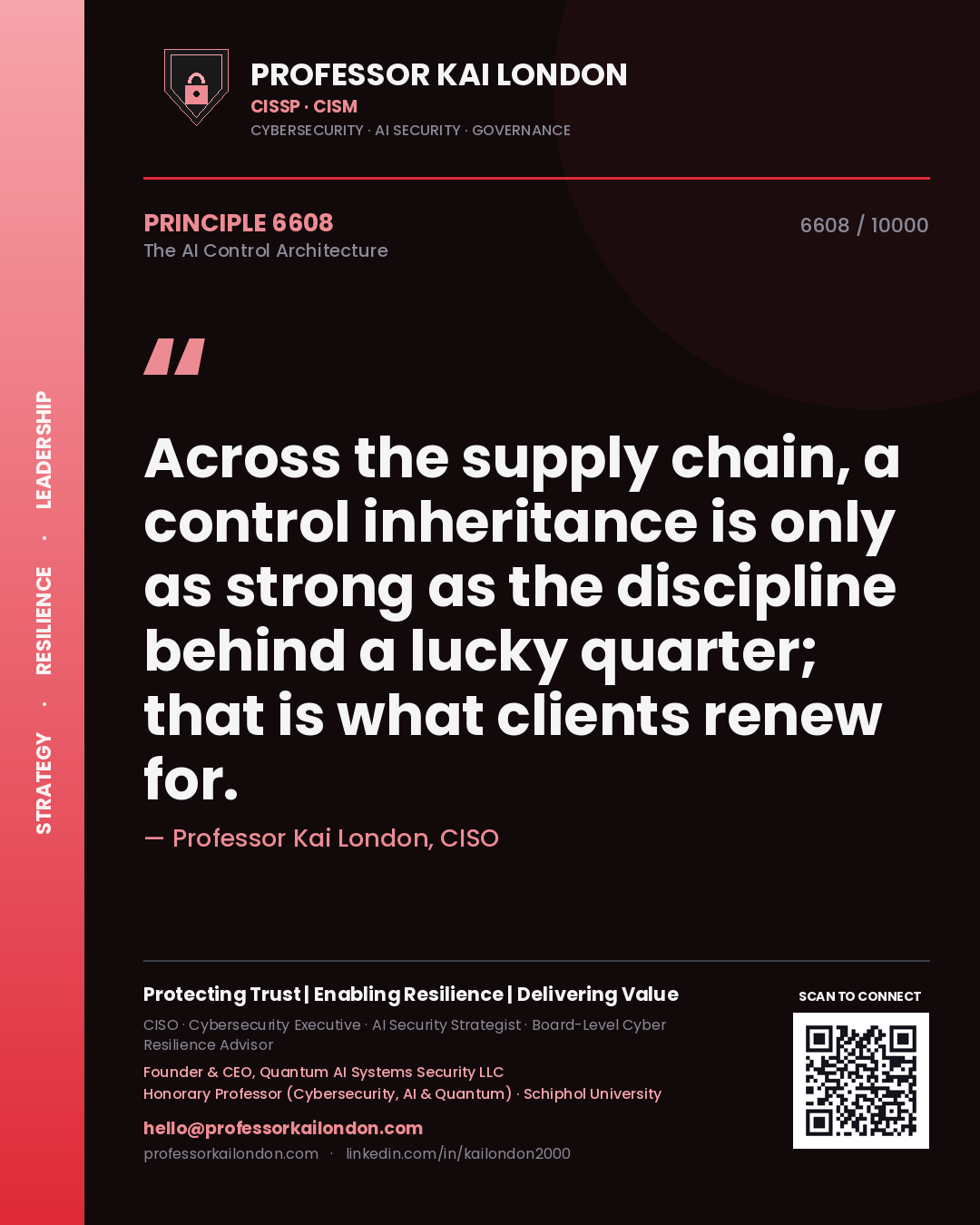 Quote card by Professor Kai London reading 'Across the supply chain, a control inheritance is only as strong as the discipline behind a lucky quarter; that is what clients renew for.'. From the book The AI Control Architecture.
