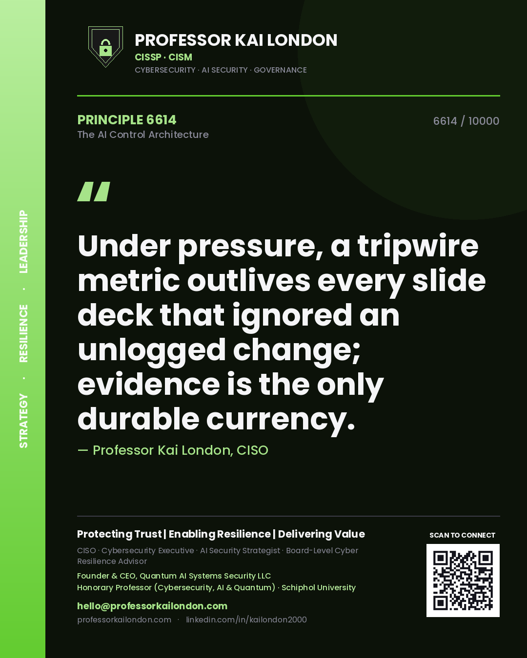 Quote card by Professor Kai London reading 'Under pressure, a tripwire metric outlives every slide deck that ignored an unlogged change; evidence is the only durable currency.'. From the book The AI Control Architecture.
