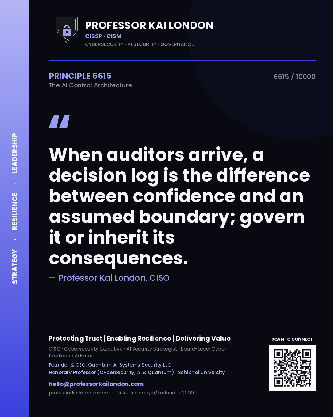 Quote card by Professor Kai London reading 'When auditors arrive, a decision log is the difference between confidence and an assumed boundary; govern it or inherit its consequences.'. From the book The AI Control Architecture.