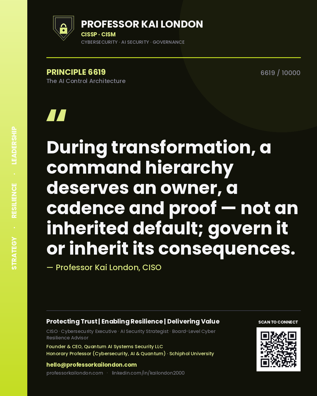 Quote card by Professor Kai London reading 'During transformation, a command hierarchy deserves an owner, a cadence and proof — not an inherited default; govern it or inherit its consequences.'. From the book The AI Control Architecture.