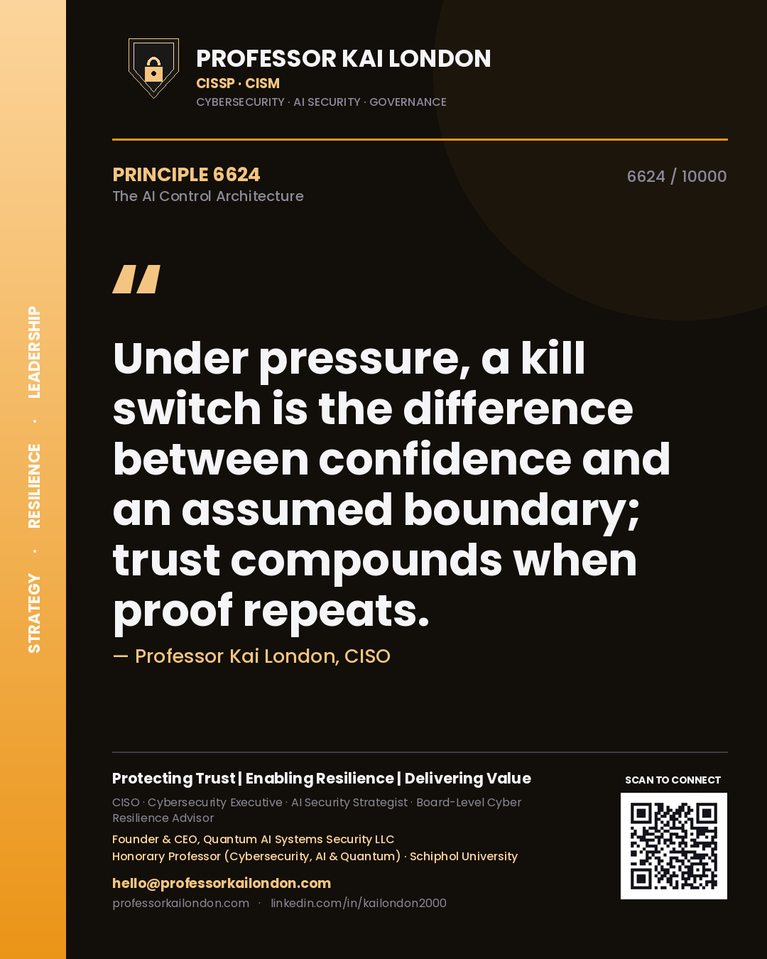 Quote card by Professor Kai London reading 'Under pressure, a kill switch is the difference between confidence and an assumed boundary; trust compounds when proof repeats.'. From the book The AI Control Architecture.