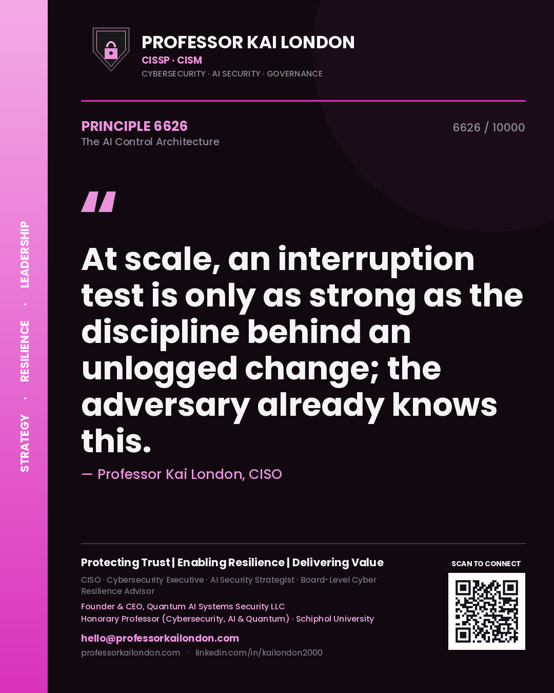 Professor Kai London principle 6626: At scale, an interruption test is only as strong as the discipline behind an unlogged change; the adversary already knows this.