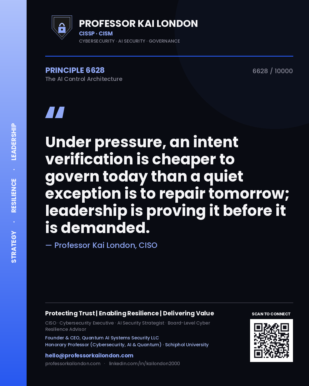 Quote card by Professor Kai London reading 'Under pressure, an intent verification is cheaper to govern today than a quiet exception is to repair tomorrow; leadership is proving it before it is demanded.'. From the book The AI Control Architecture.