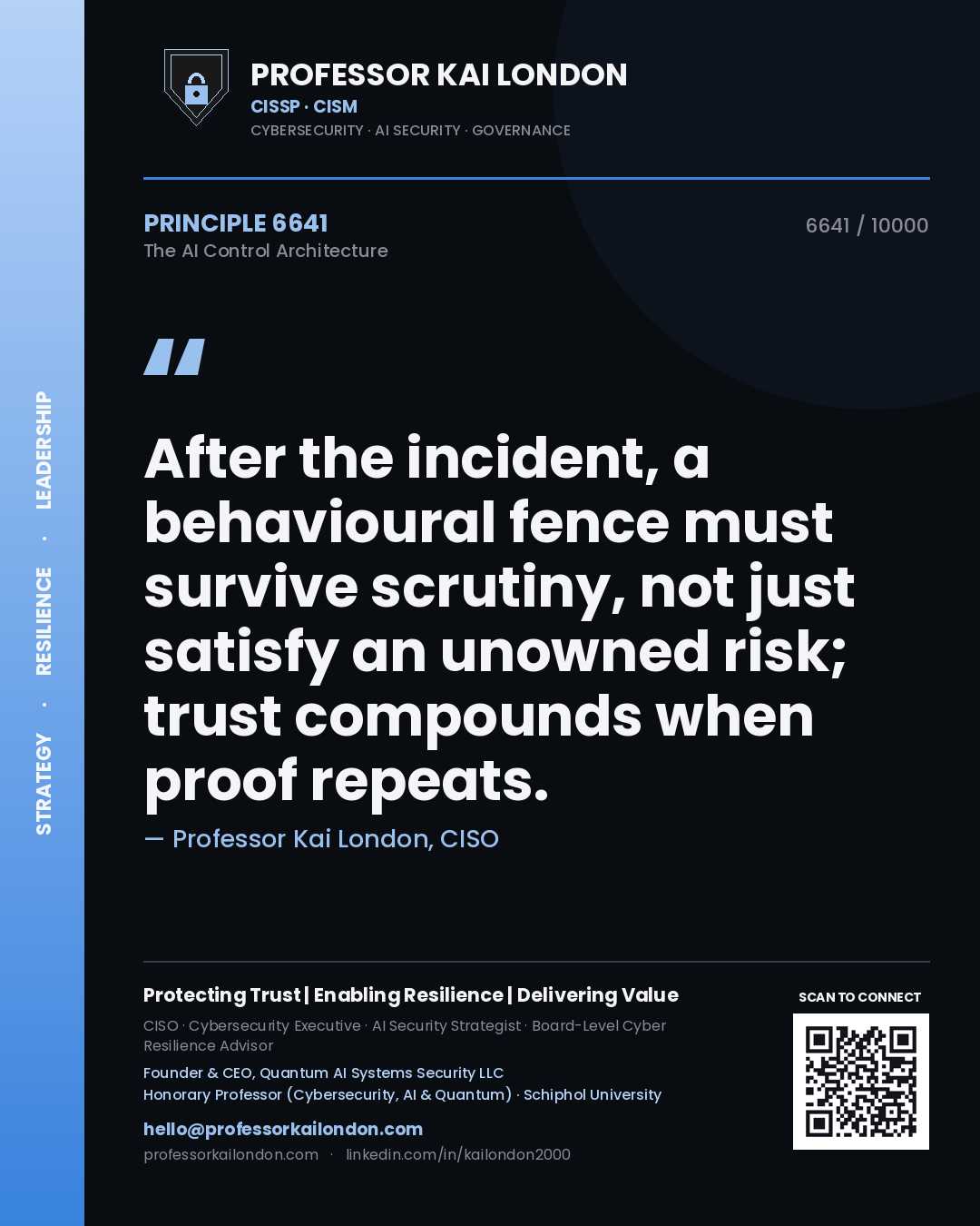 Quote card by Professor Kai London reading 'After the incident, a behavioural fence must survive scrutiny, not just satisfy an unowned risk; trust compounds when proof repeats.'. From the book The AI Control Architecture.
