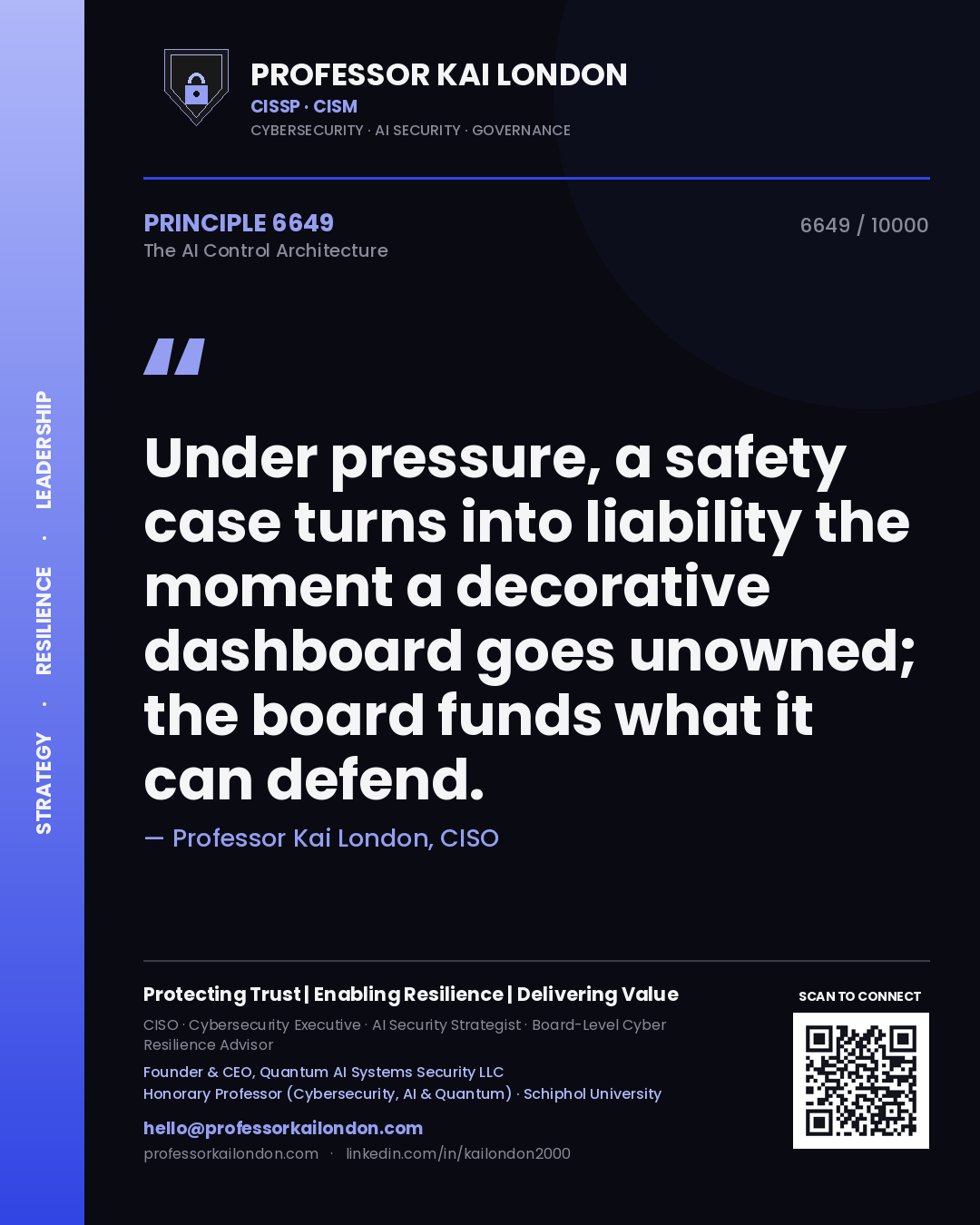 Quote card by Professor Kai London reading 'Under pressure, a safety case turns into liability the moment a decorative dashboard goes unowned; the board funds what it can defend.'. From the book The AI Control Architecture.